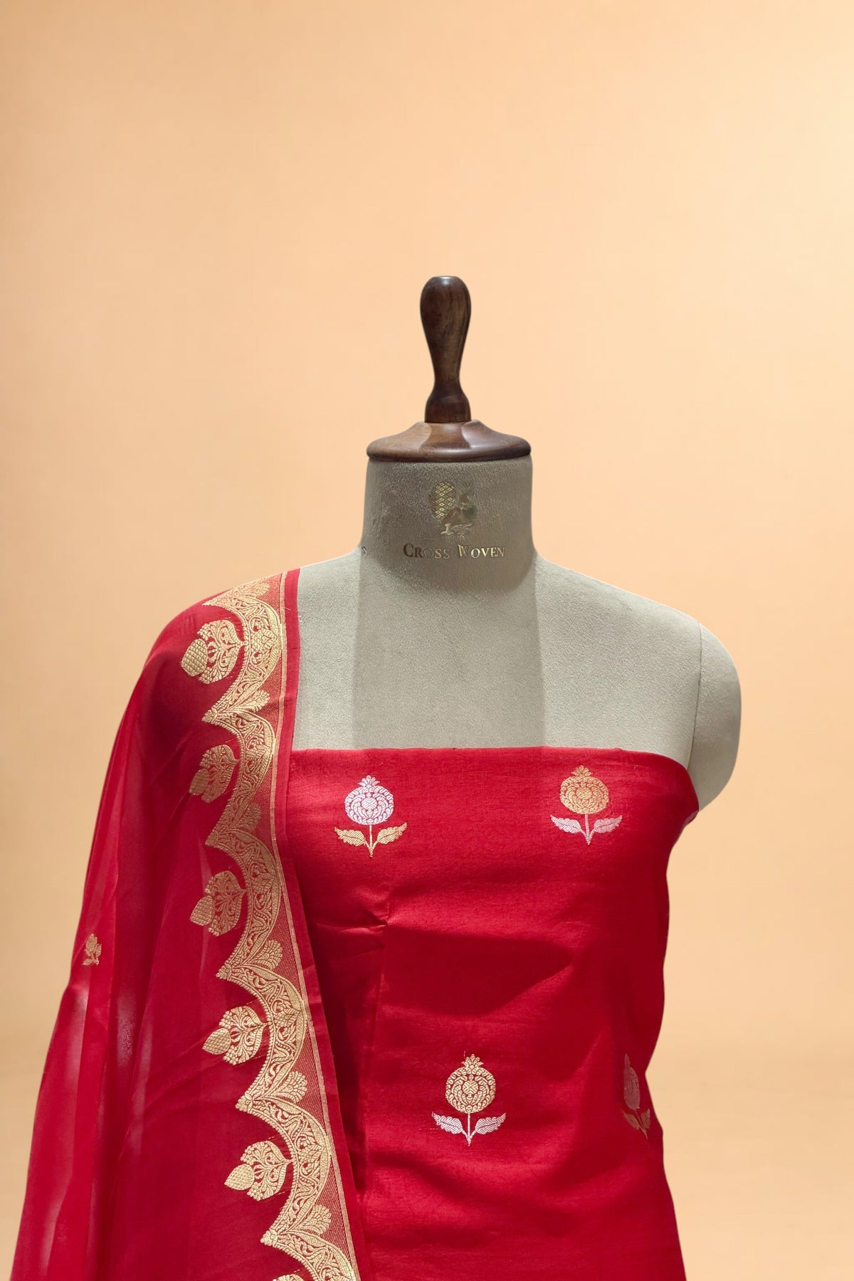Red Chiniya Silk Suit Set With Organza Dupatta