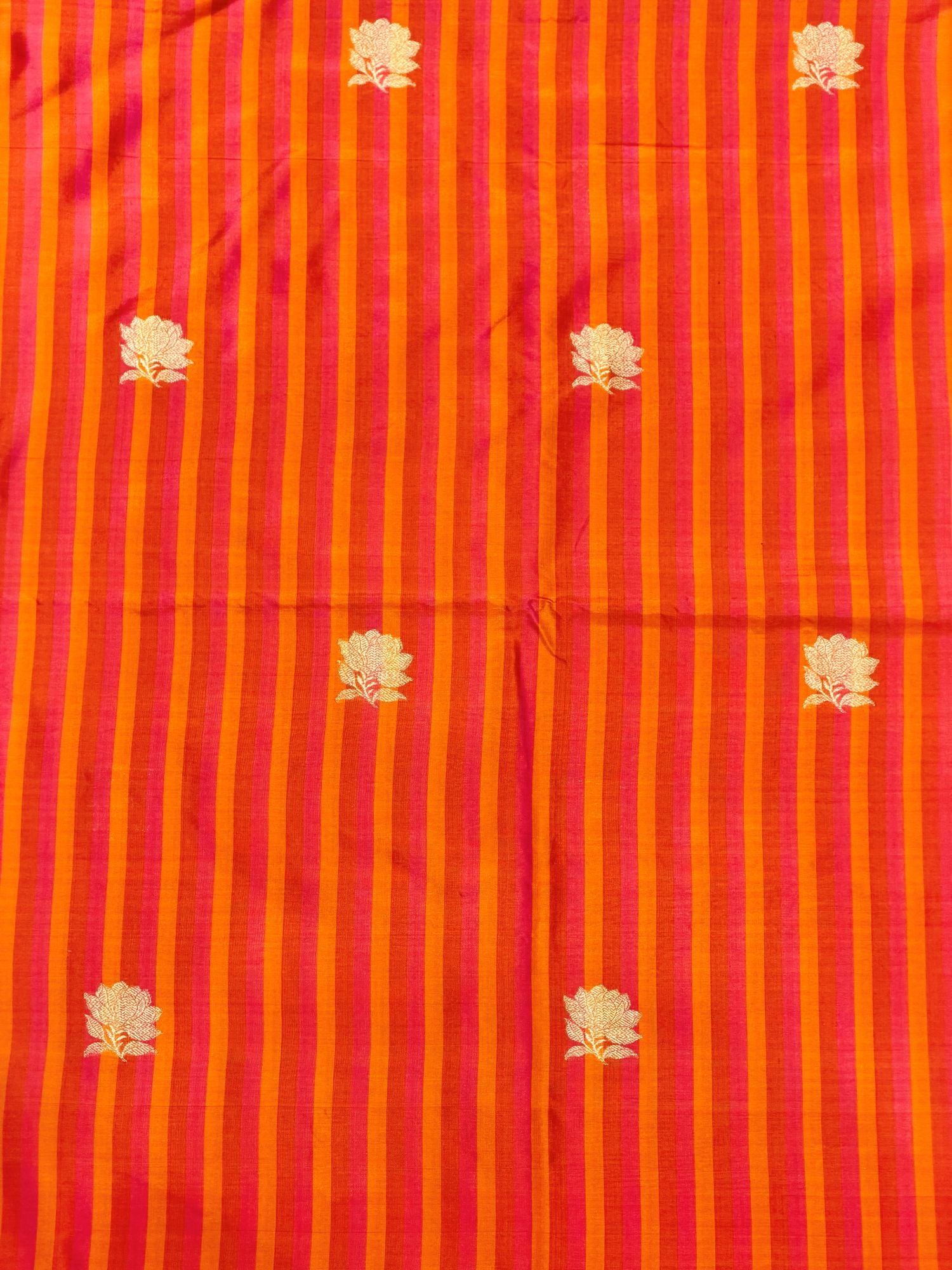 Orange Pure Katan Silk Fabric Rangkaat Stripes With Kadhwa Floral Boota