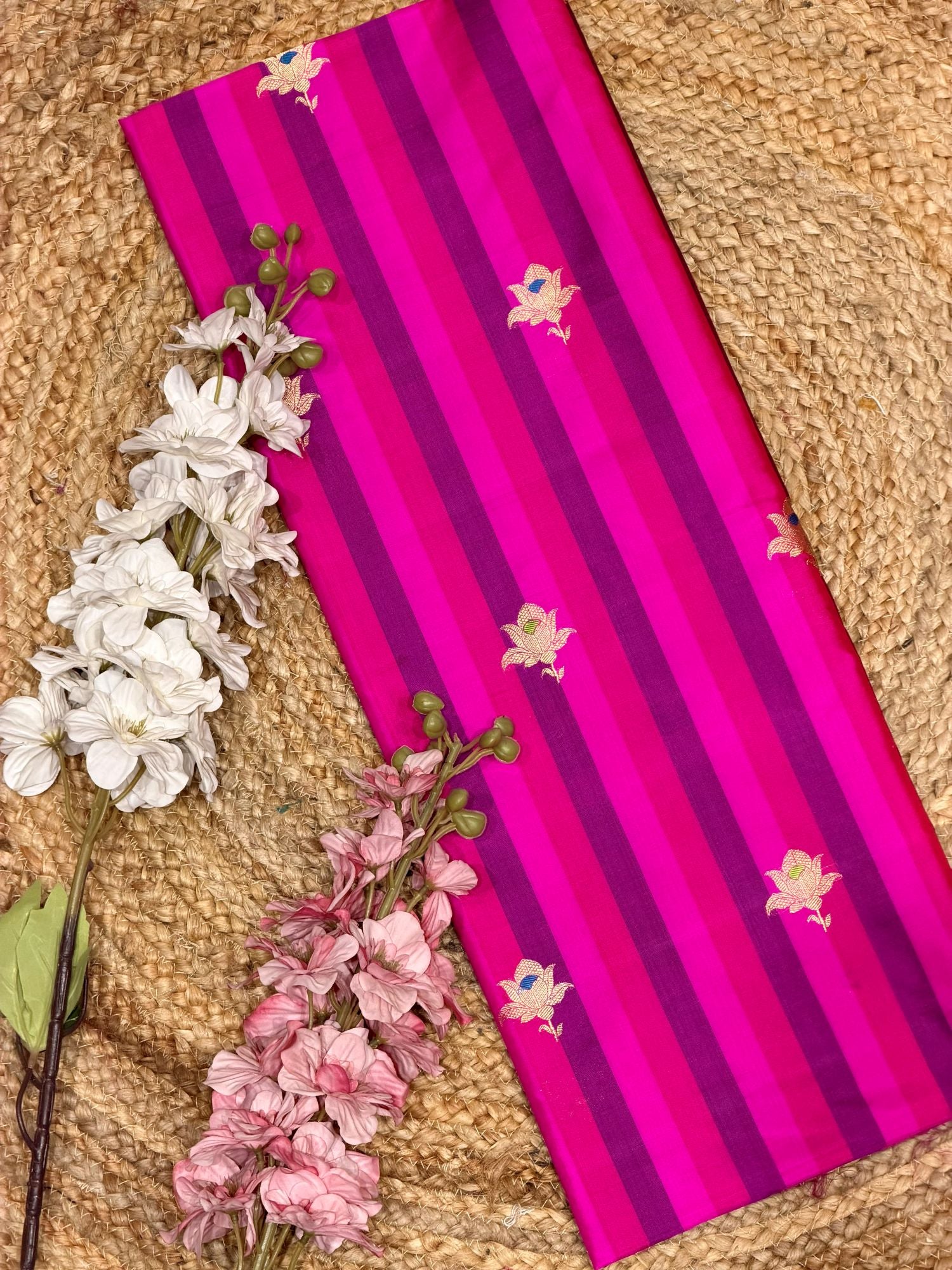 Rani Pink Pure Katan Silk Fabric Rangkaat Stripes With Kadhwa Floral Boota