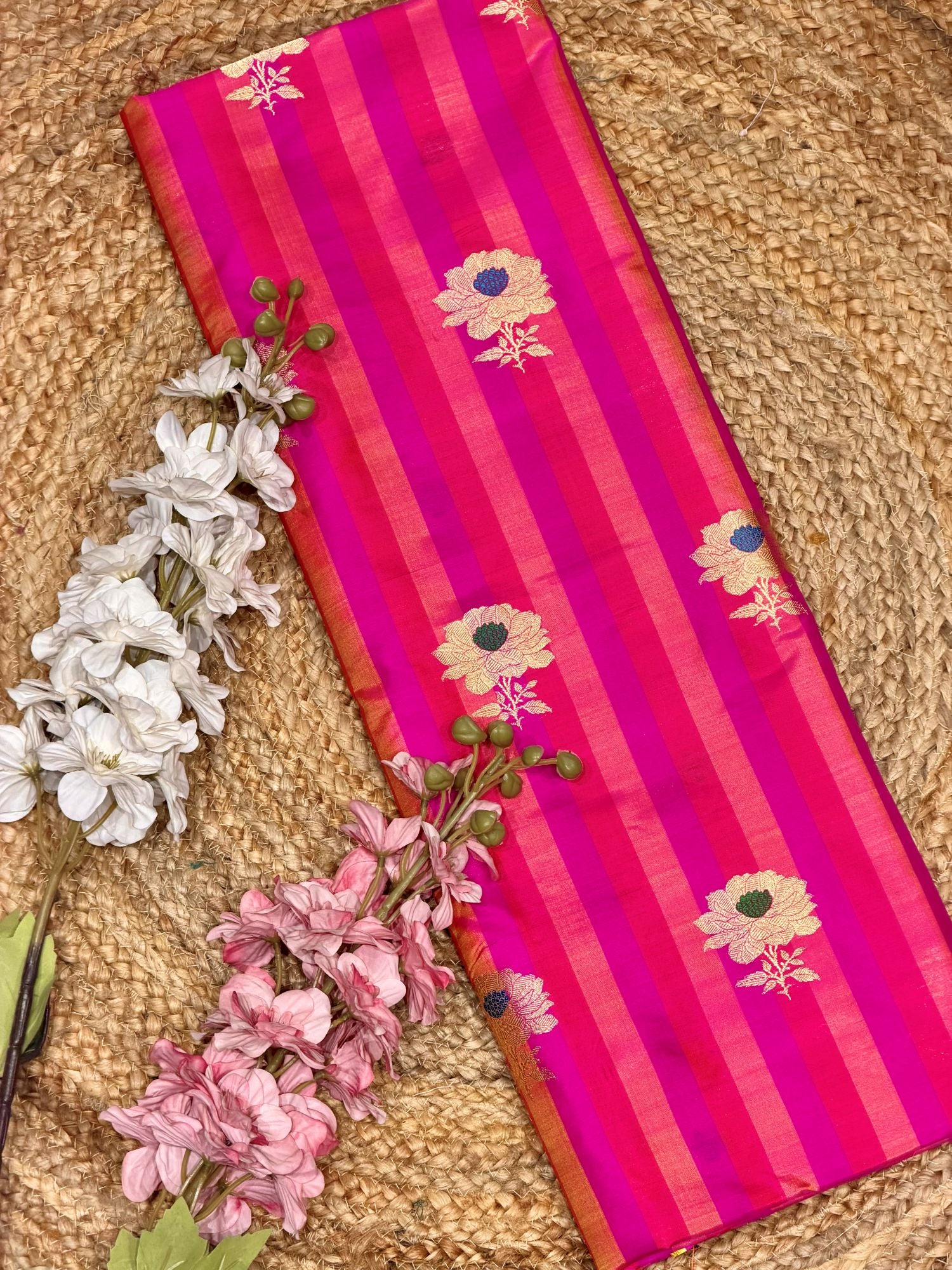 Rani Pink Pure Katan Silk Fabric Rangkaat Stripes With Kadhwa Floral Boota