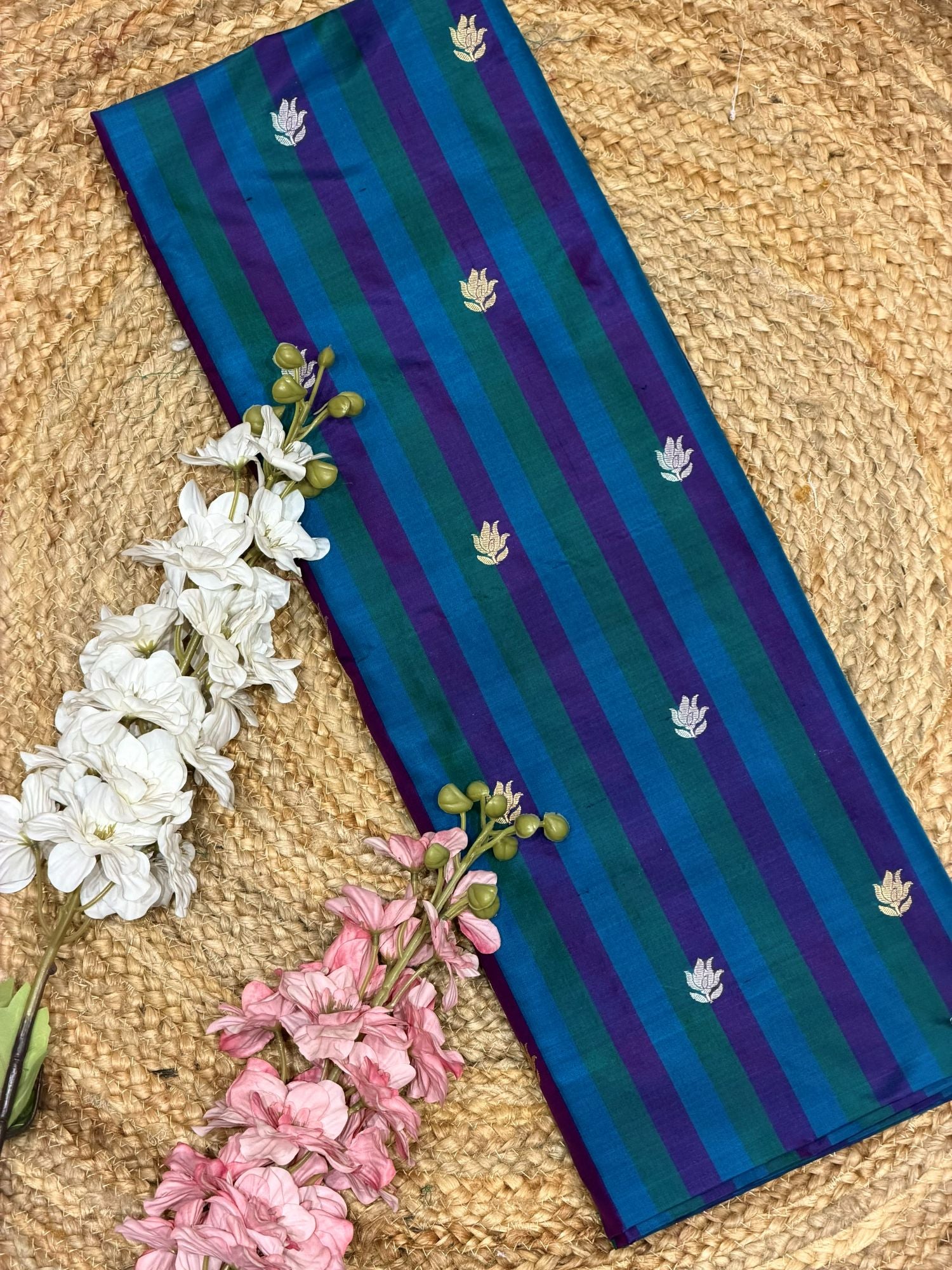 Rangkaat Stripes Pure Katan Silk With Kadhwa Floral Boota