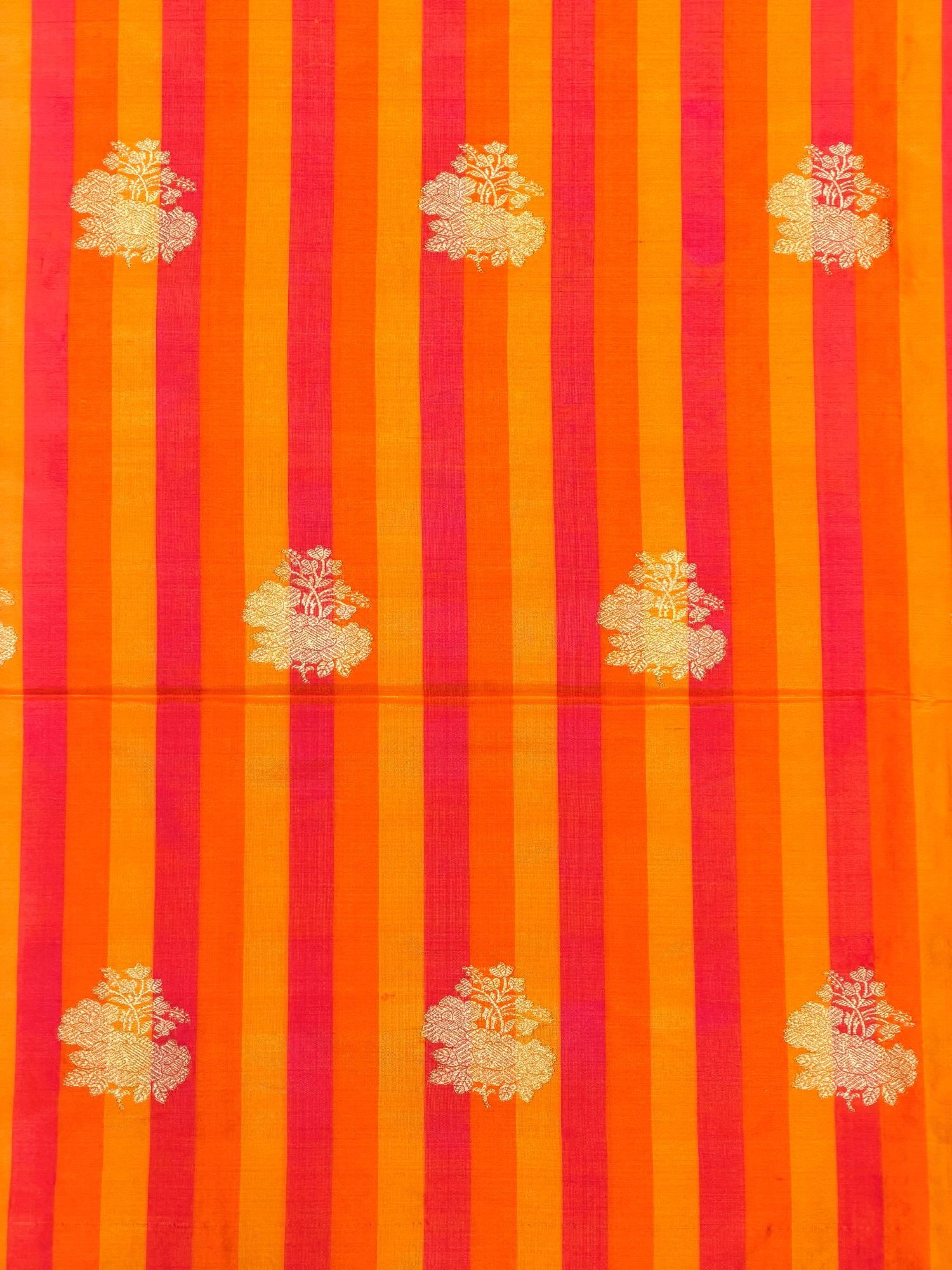 Orange Pure Katan Silk Fabric Rangkaat Stripes With Kadhwa Floral Boota