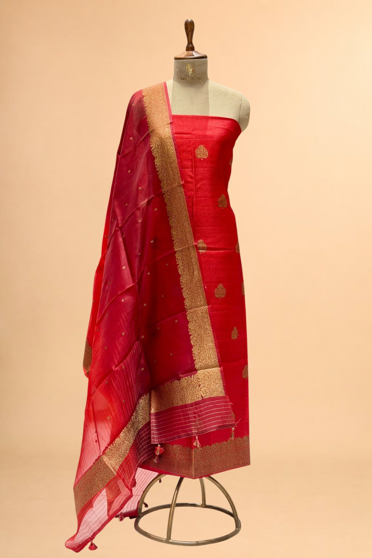 Red Tusser Antique Zari Suit Set With Ombré Dye Organza Dupatta