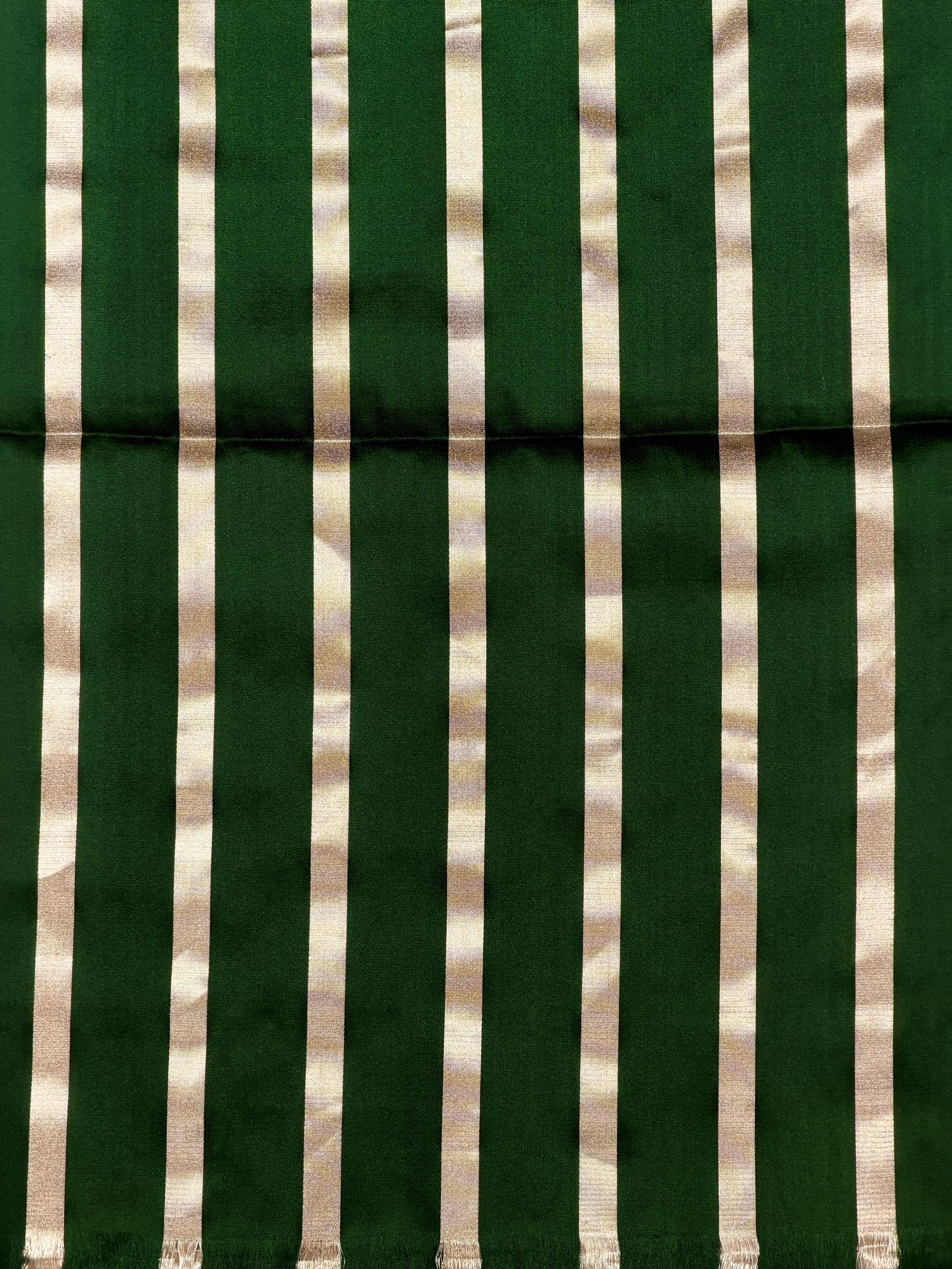 Bottle Green & Silver Pure Satin Silk Stripe Fabric