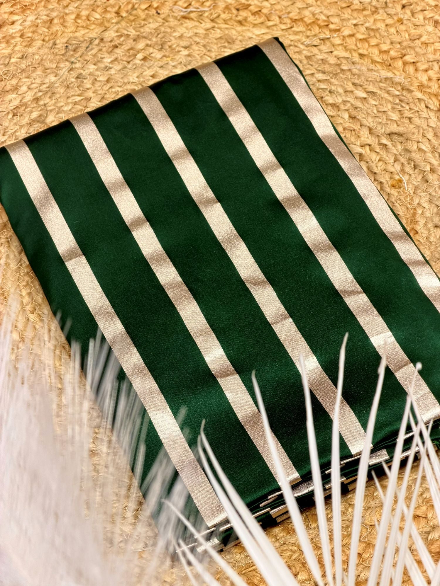 Bottle Green & Silver Pure Satin Silk Stripe Fabric