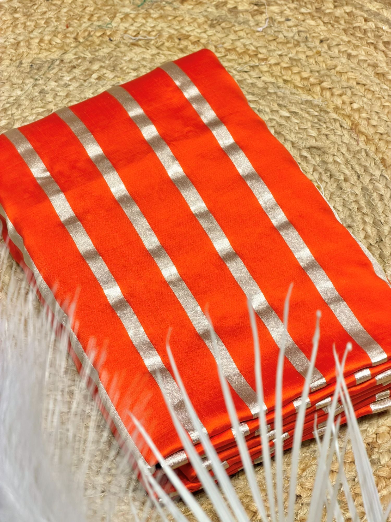 Orange & Silver Pure Satin Silk Stripe Fabric