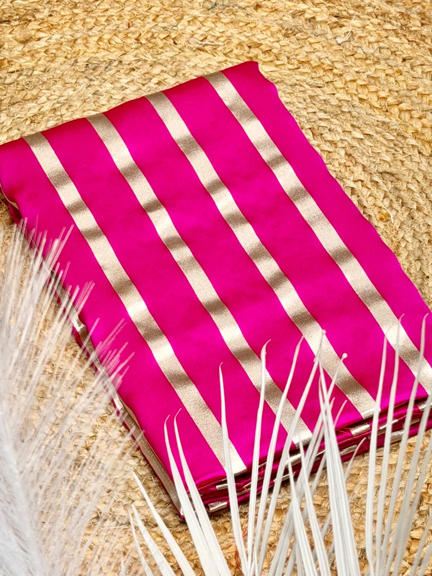 Pink & Silver Pure Satin Silk Stripe Fabric