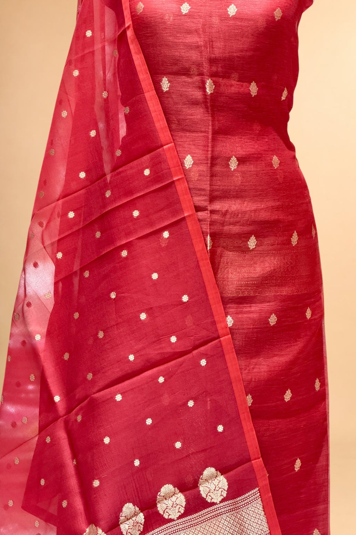 Red Silk Linen Floral Suit Set with Organza Dupatta