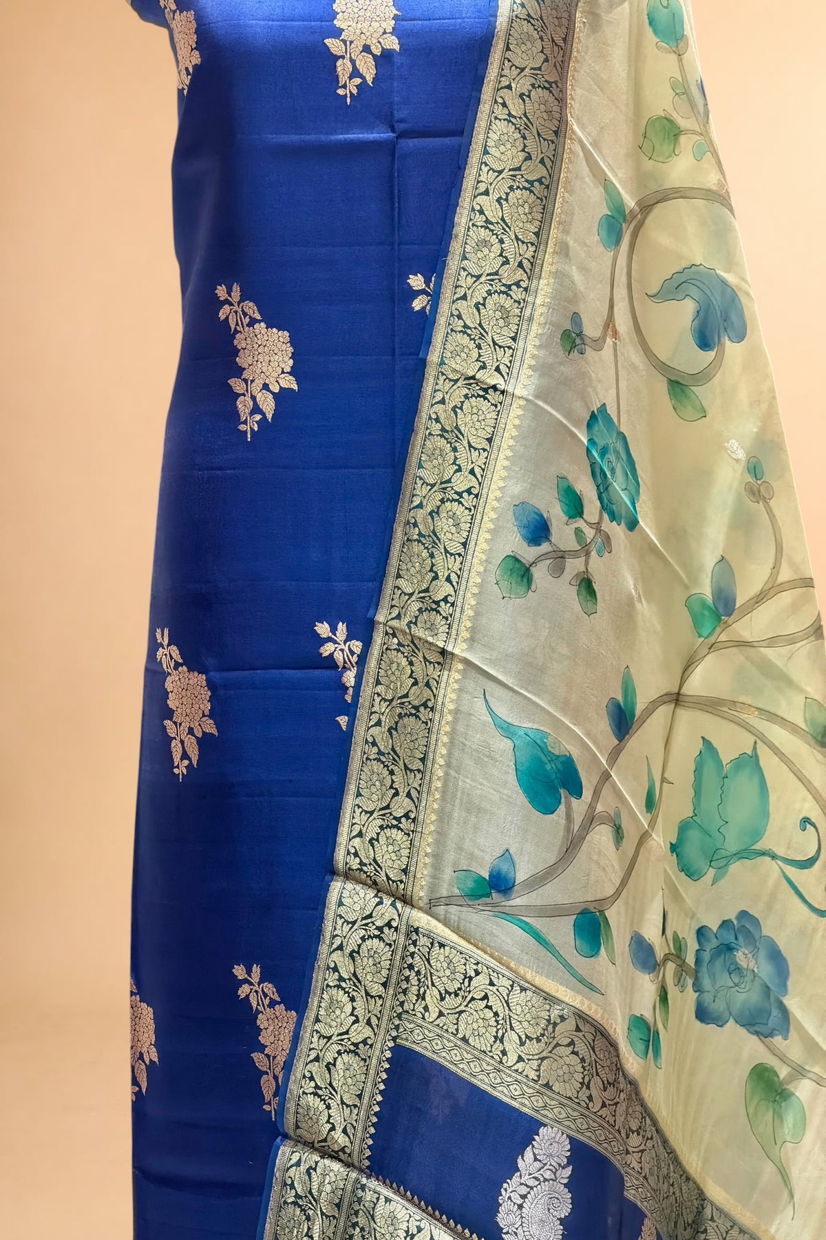 Deep Blue Pure Silk Suit with Organza Hand-Brush Painted Dupatta