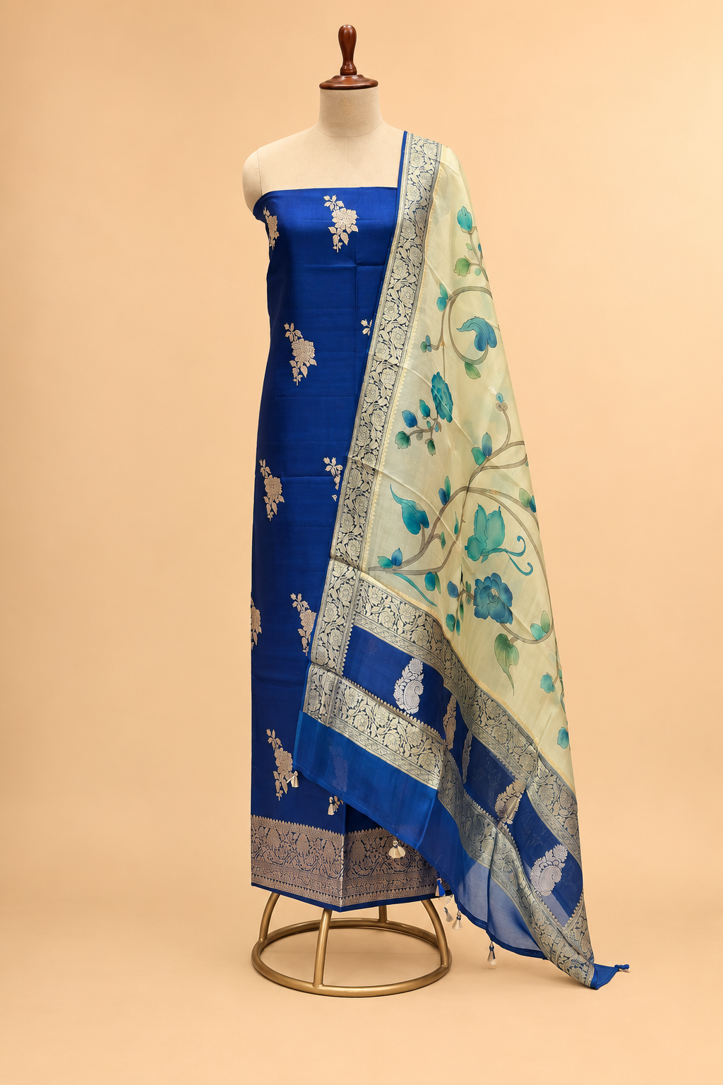 Deep Blue Pure Silk Suit with Organza Hand-Brush Painted Dupatta