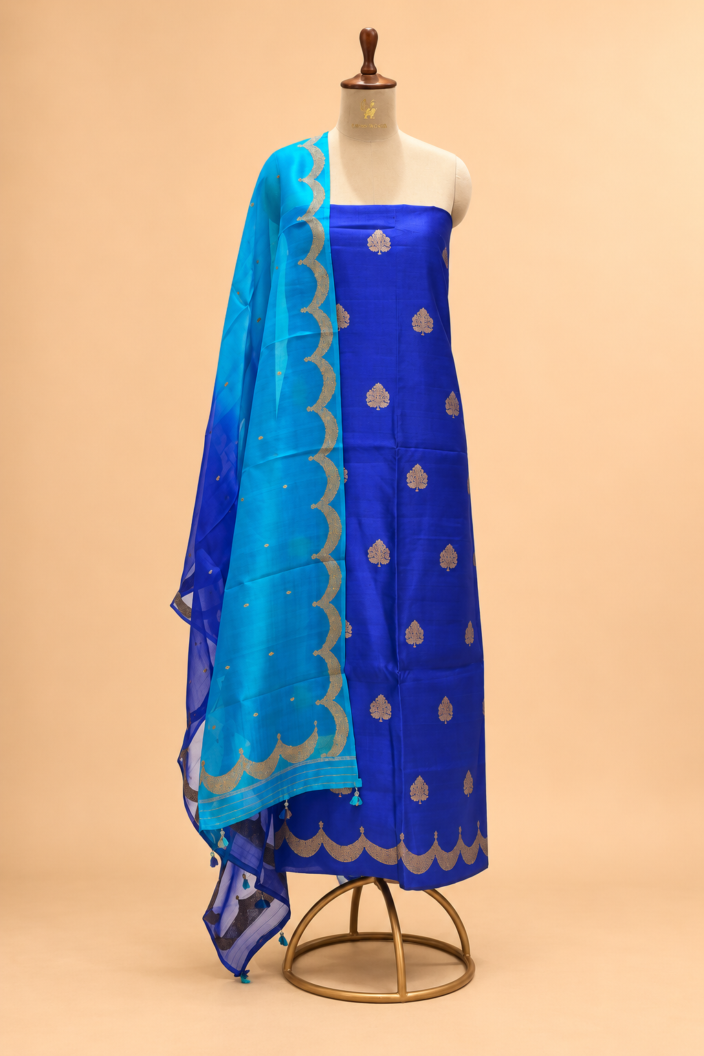 Royal Blue Tusser Antique Zari Suit Set With Ombré Dye Organza Dupatta
