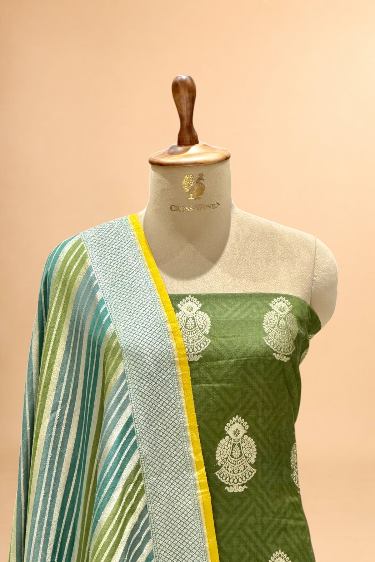 Dusty Green Pure Banarasi Munga Silk Suit Set With Rangkat Leheriya Dupatta
