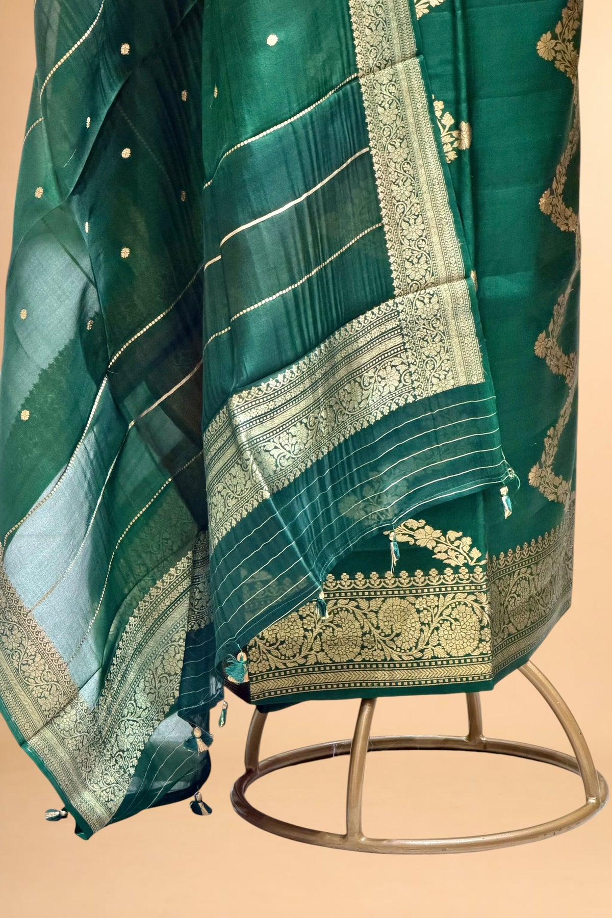 Deep Green Banarasi Soft Silk Suit Set With Organza Dupatta