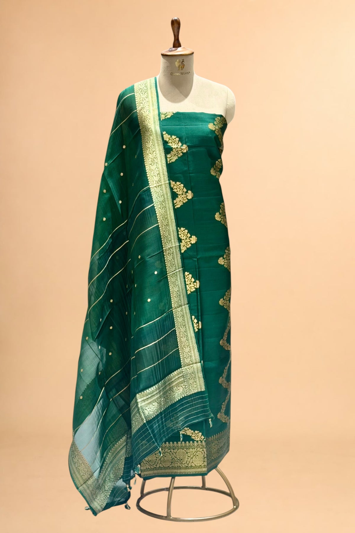 Deep Green Banarasi Soft Silk Suit Set With Organza Dupatta