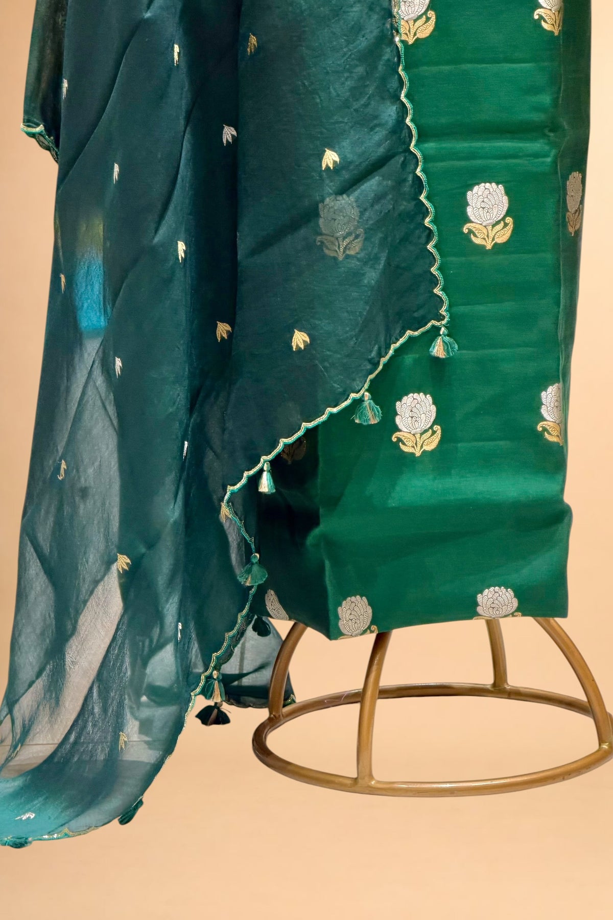 Deep Green Chiniya Silk Suit Set With Hand Work Organza Dupatta
