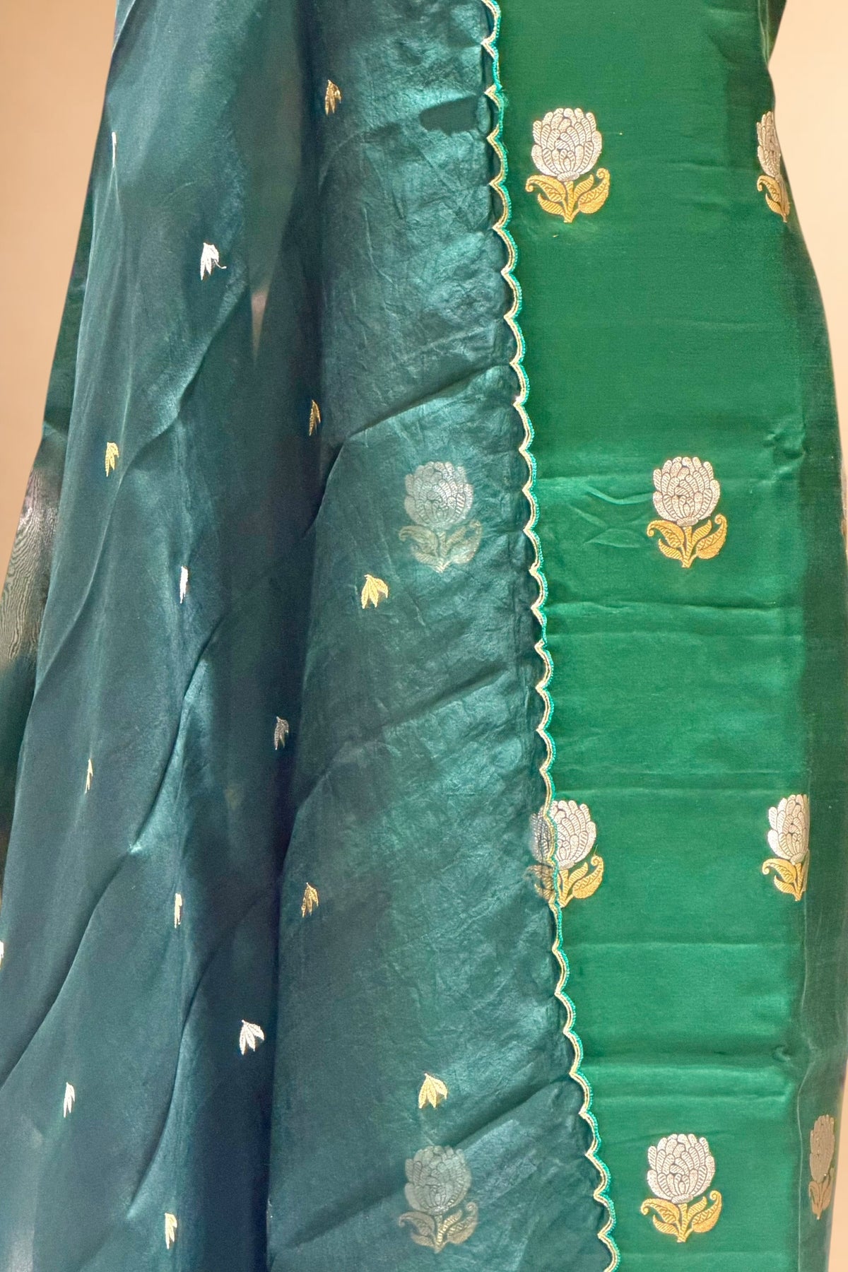 Deep Green Chiniya Silk Suit Set With Hand Work Organza Dupatta