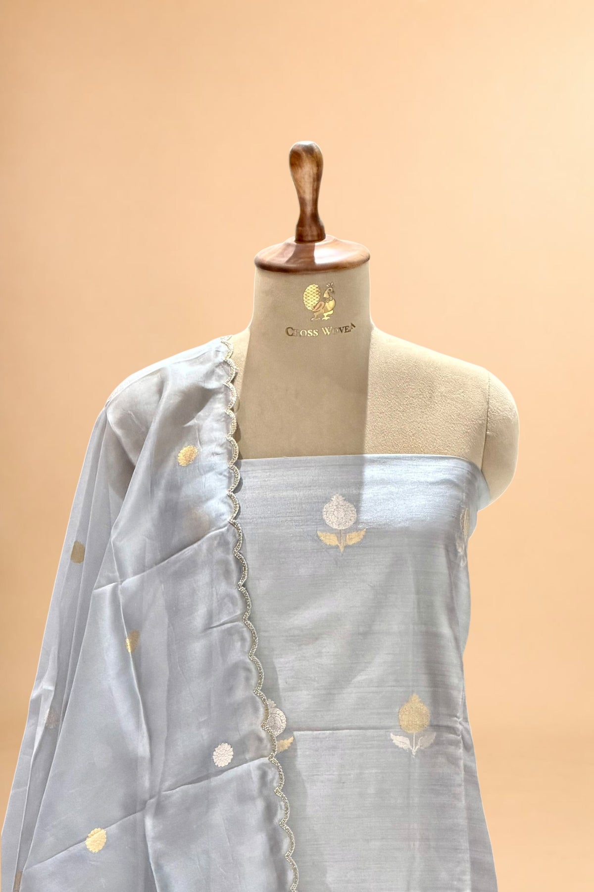 Gray Chiniya Silk Suit Set With Hand Work Organza Dupatta