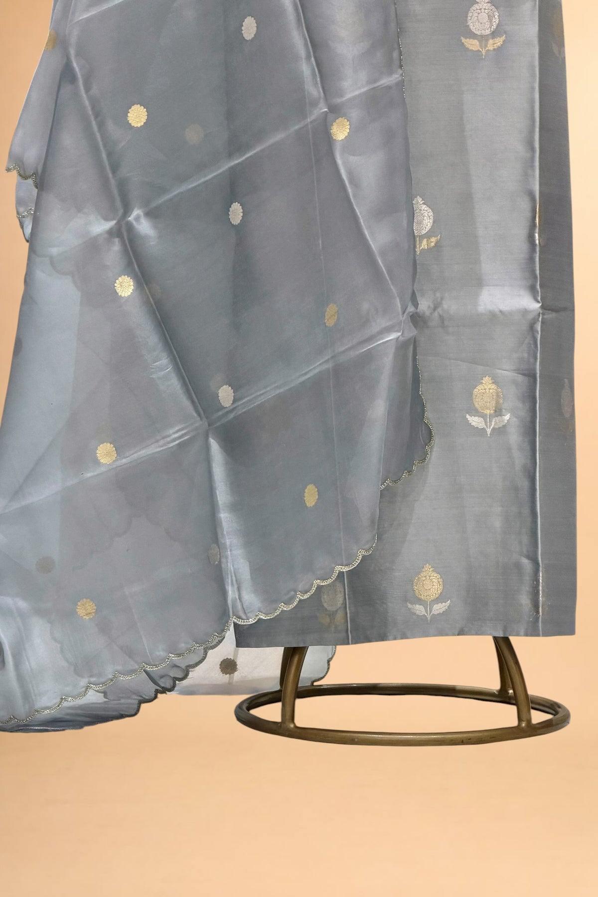 Gray Chiniya Silk Suit Set With Hand Work Organza Dupatta