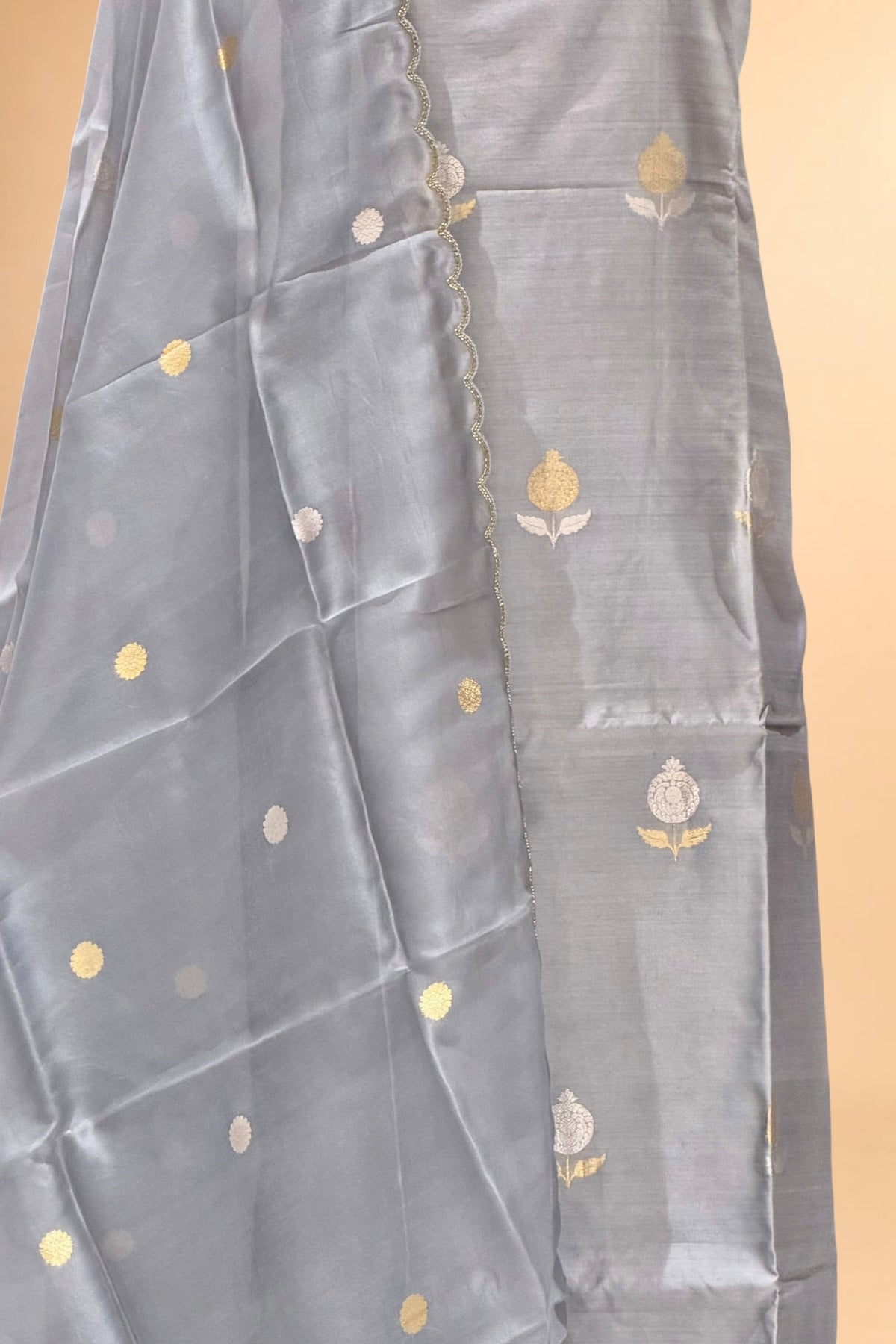 Gray Chiniya Silk Suit Set With Hand Work Organza Dupatta