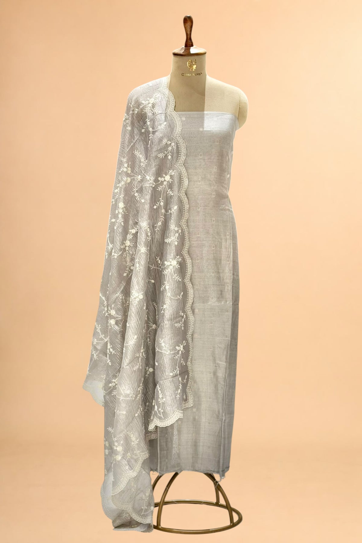 Grey Tissue Silk Suit Set with Crush Tissue Floral Dupatta