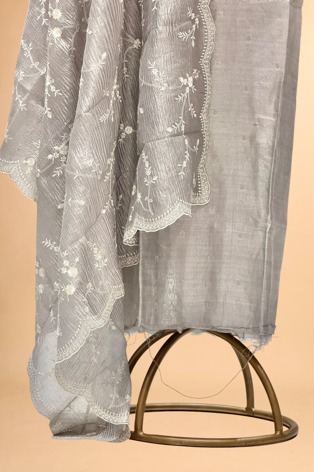 Grey Tissue Silk Suit Set with Crush Tissue Floral Dupatta