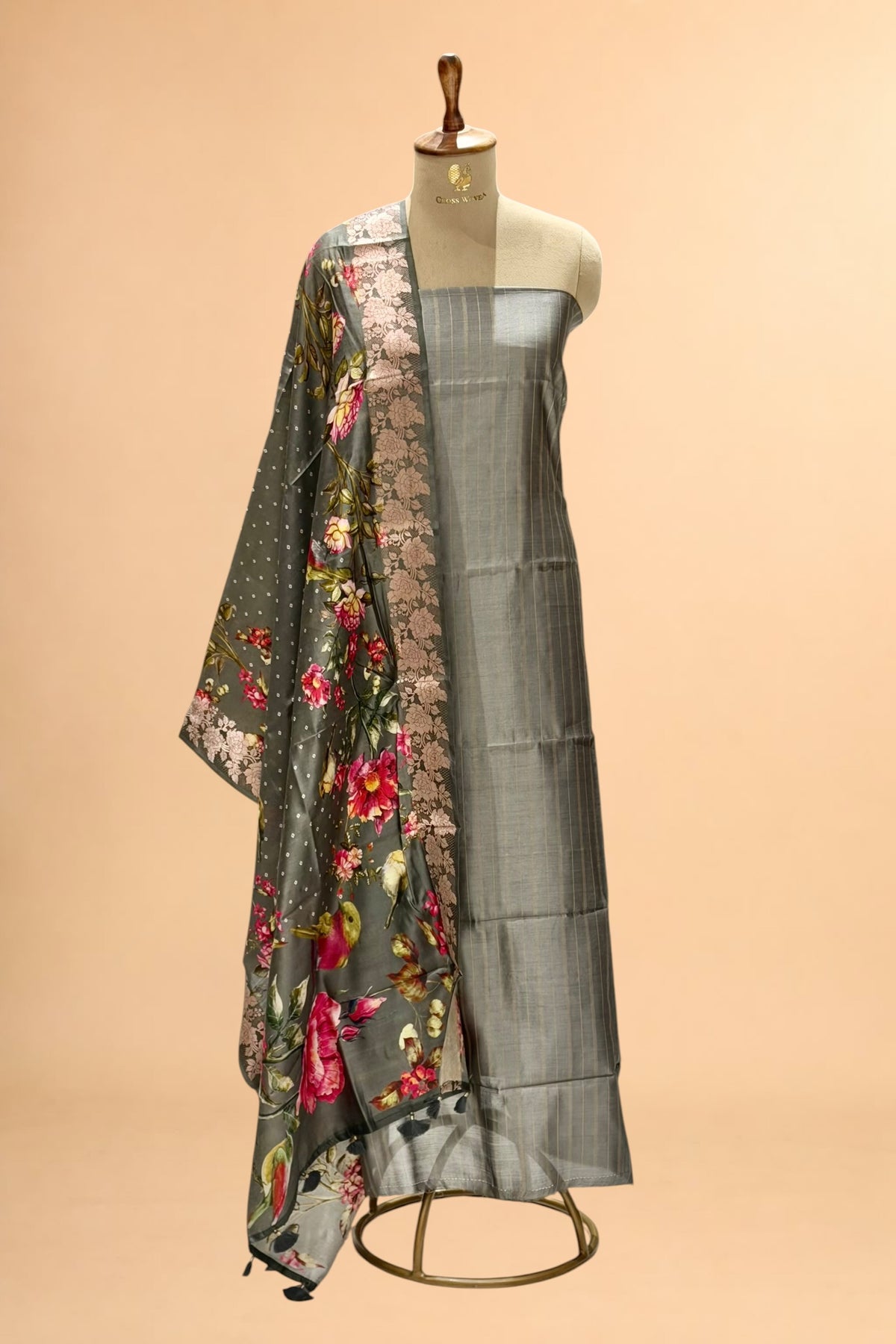 Grey Chiniya Silk Suit Set With Printed Chiniya Silk Dupatta