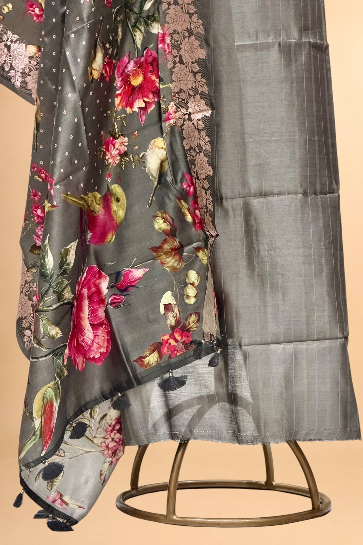 Grey Chiniya Silk Suit Set With Printed Chiniya Silk Dupatta