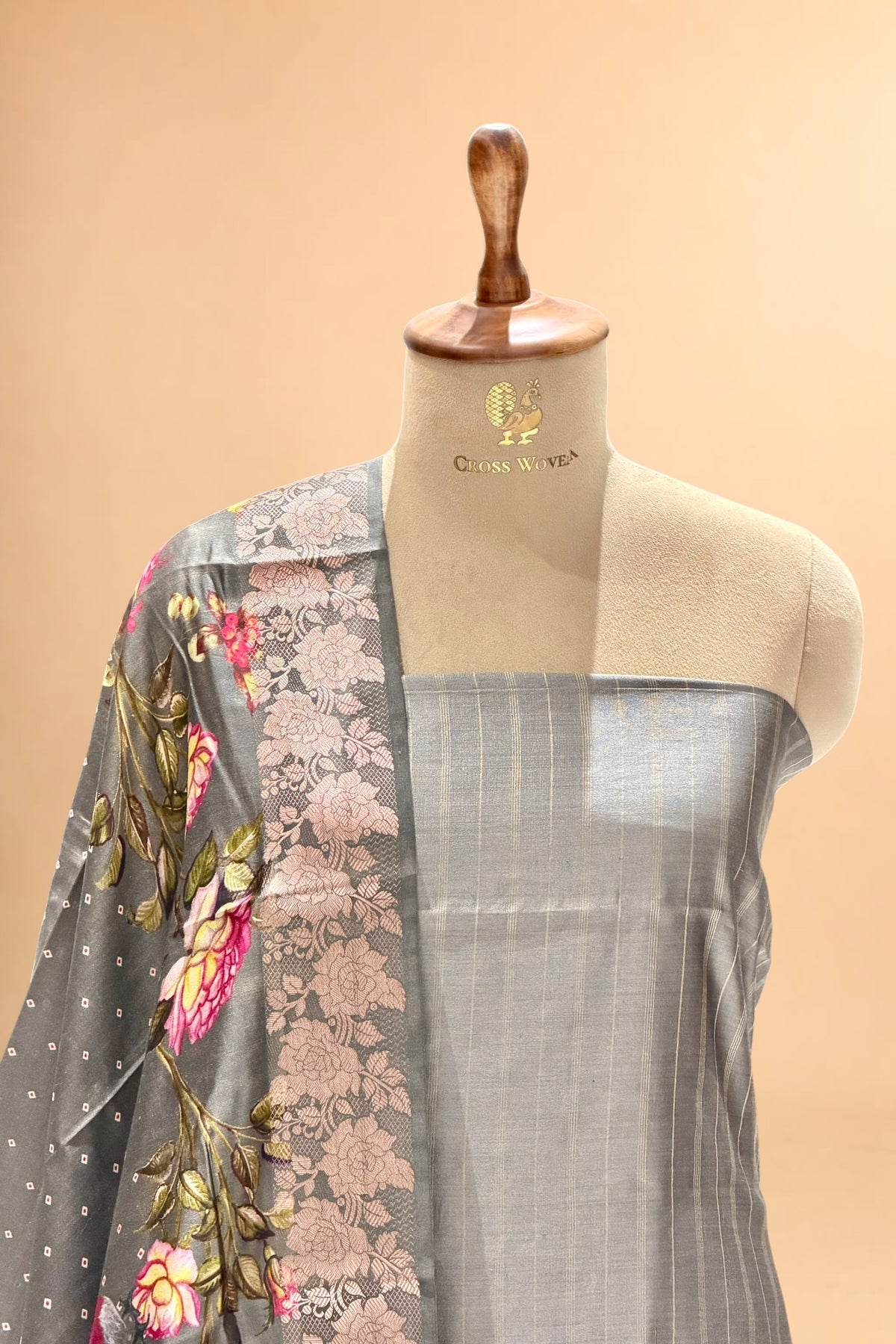 Grey Chiniya Silk Suit Set With Printed Chiniya Silk Dupatta