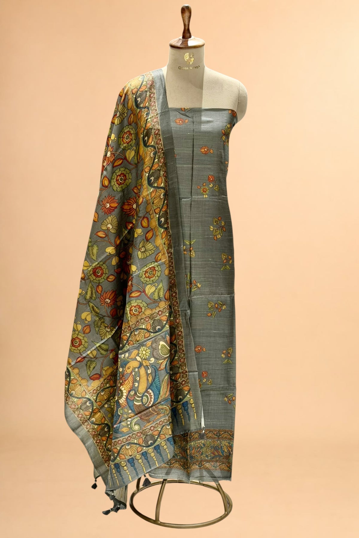 Grey Pure Tusser Silk Suit Set With Kalamkari Dupatta
