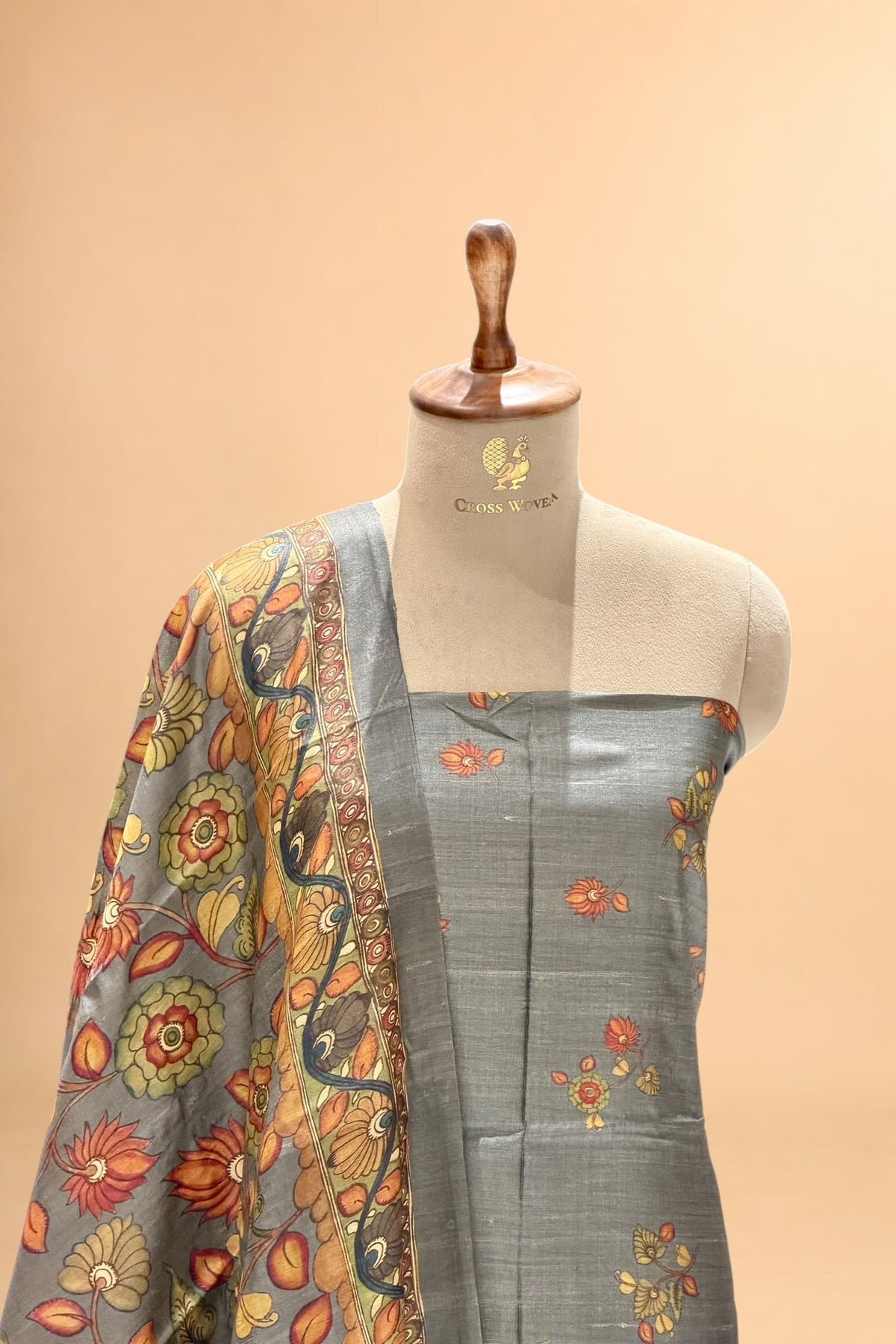 Grey Pure Tusser Silk Suit Set With Kalamkari Dupatta