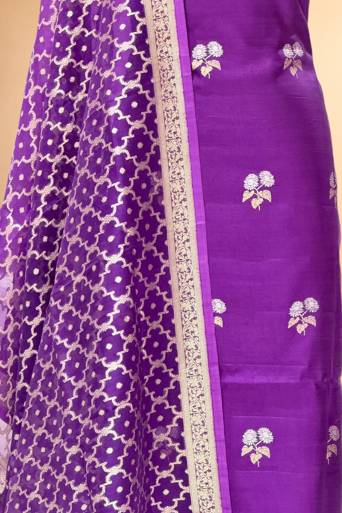 Purple Pure Banarasi Chiniya Silk Suit Set with Organza Dupatta
