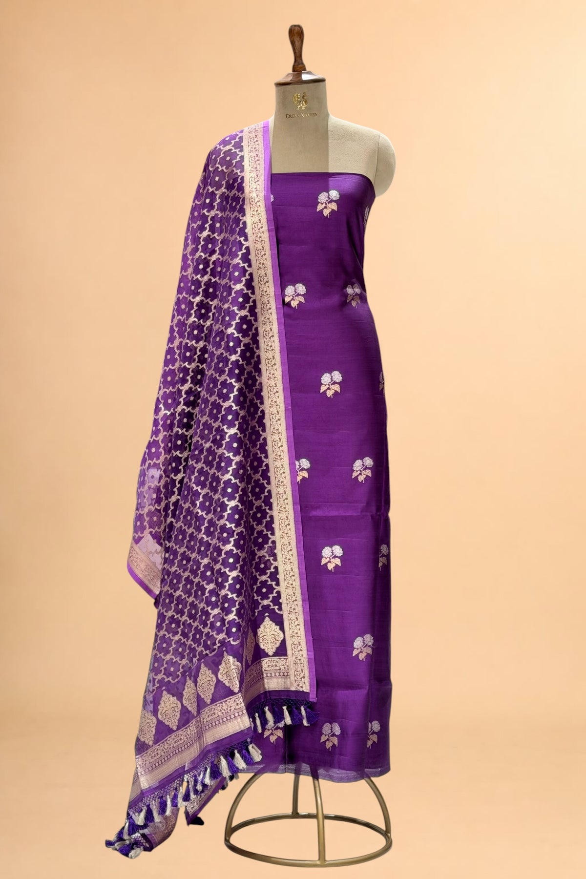 Purple Pure Banarasi Chiniya Silk Suit Set with Organza Dupatta