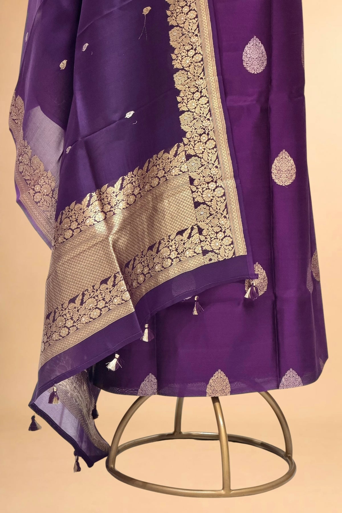 Purple Pure Chiniya Silk Suit Set with Organza Dupatta
