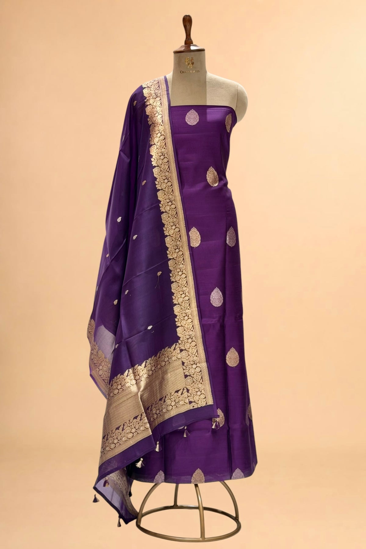 Purple Pure Chiniya Silk Suit Set with Organza Dupatta