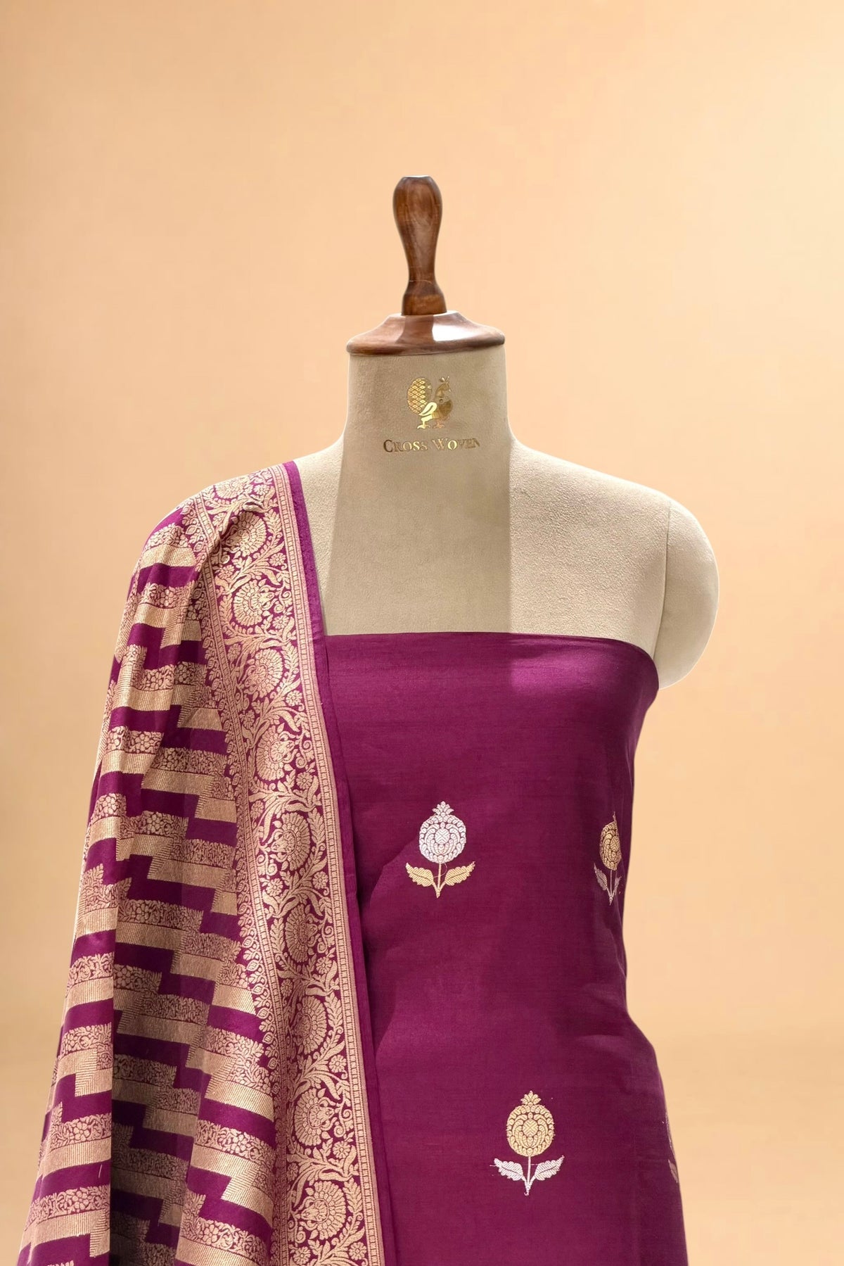 Plum Purple Chiniya Silk Suit Set with Kadhwa Floral Motif
