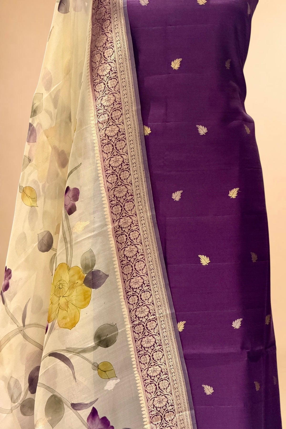 Deep Purple Chiniya Silk Suit Set With Handbrush Organza Dupatta