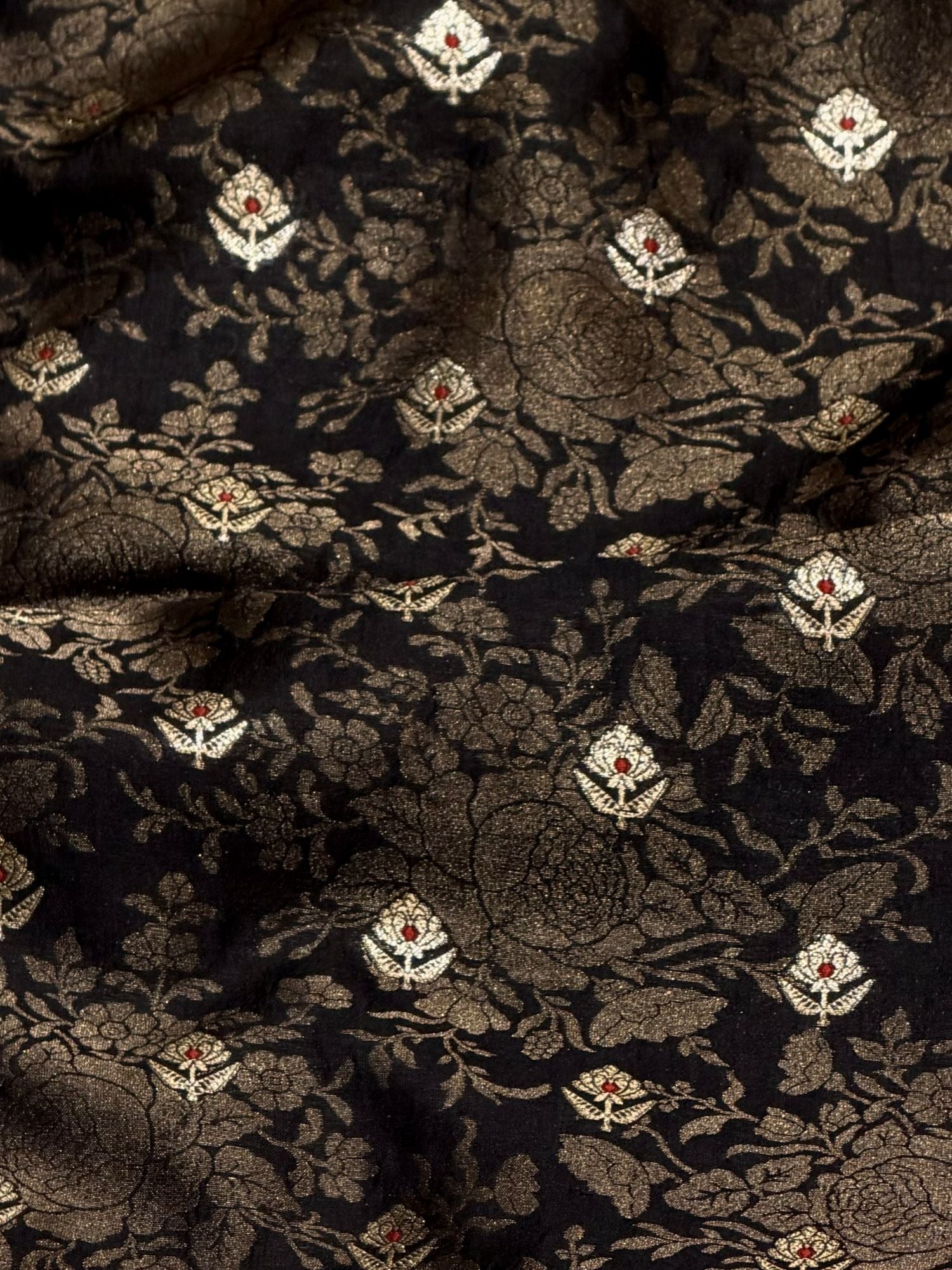 Black Soft Silk Fabric with Floral Jaal