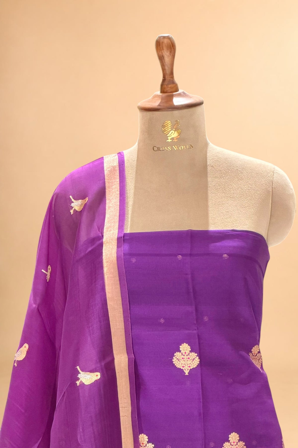 Purple Pure Organza Silk Suit Set with Bird Motif Dupatta