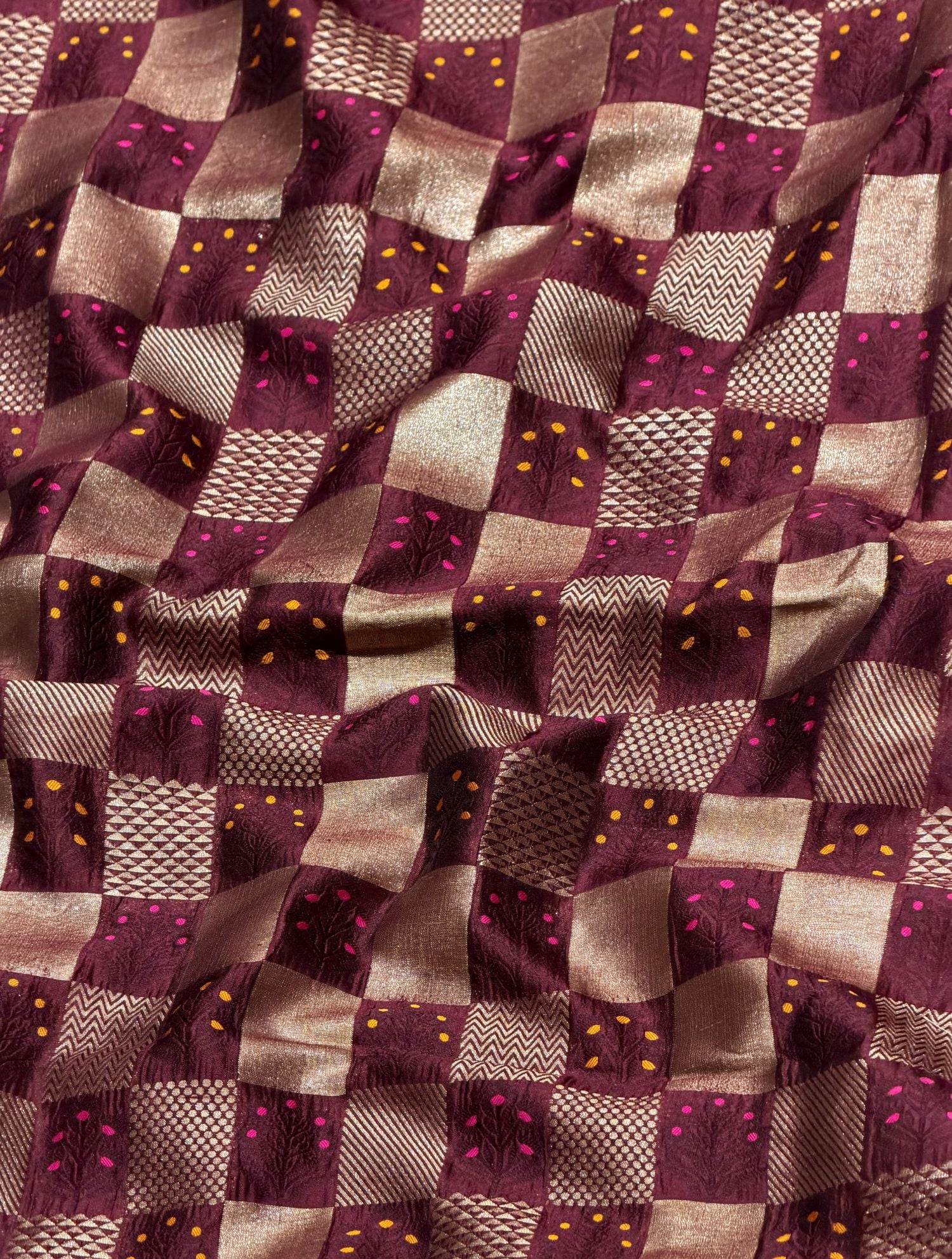Wine Maroon Soft Silk Fabric with Meenakari Checkered Zari Weave