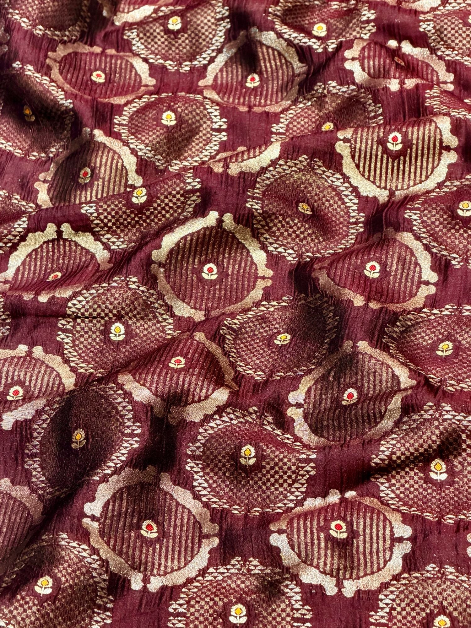 Wine Maroon Soft Silk Fabric with Meenakari Geometric Weave