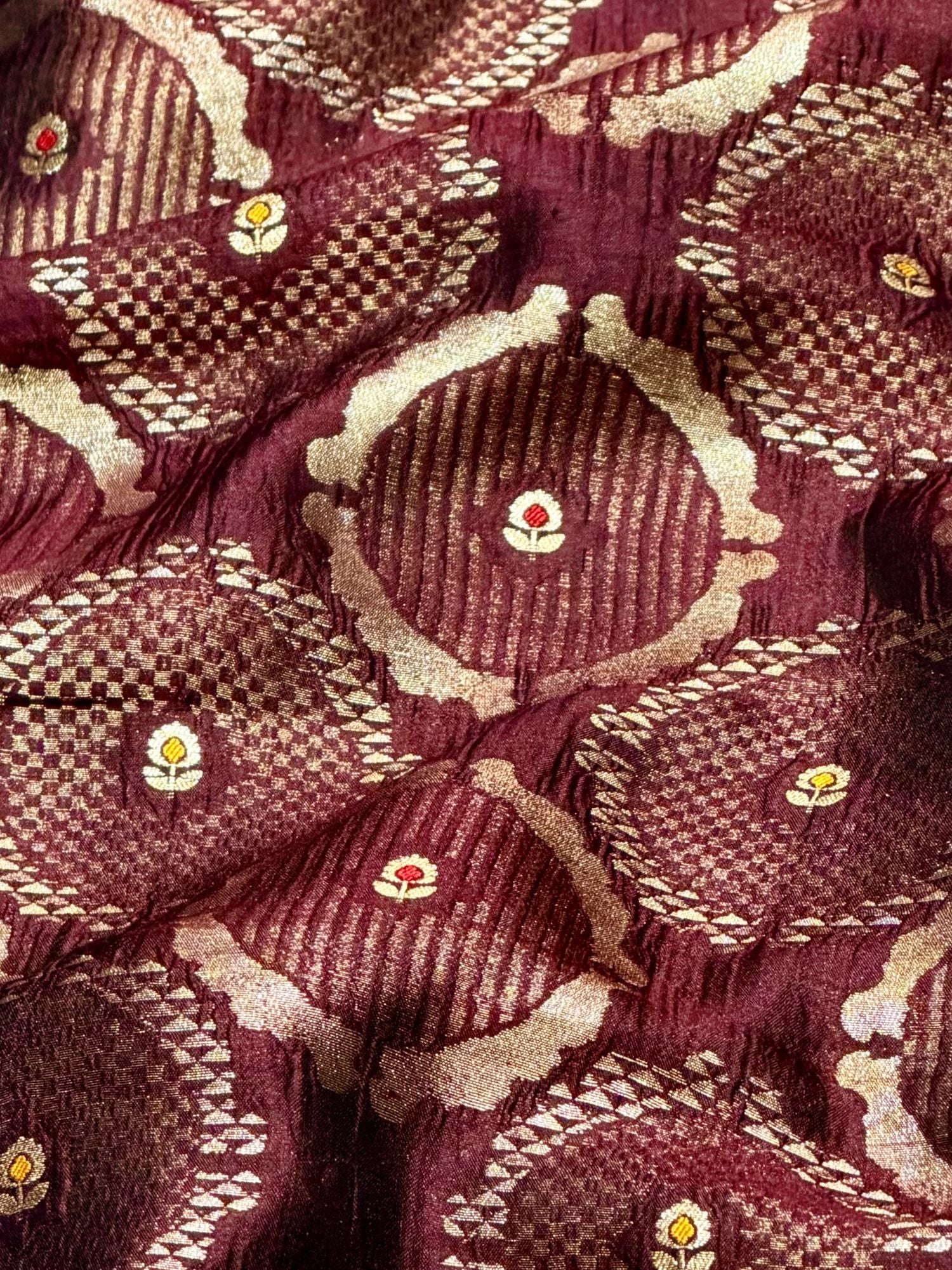 Wine Maroon Soft Silk Fabric with Meenakari Geometric Weave