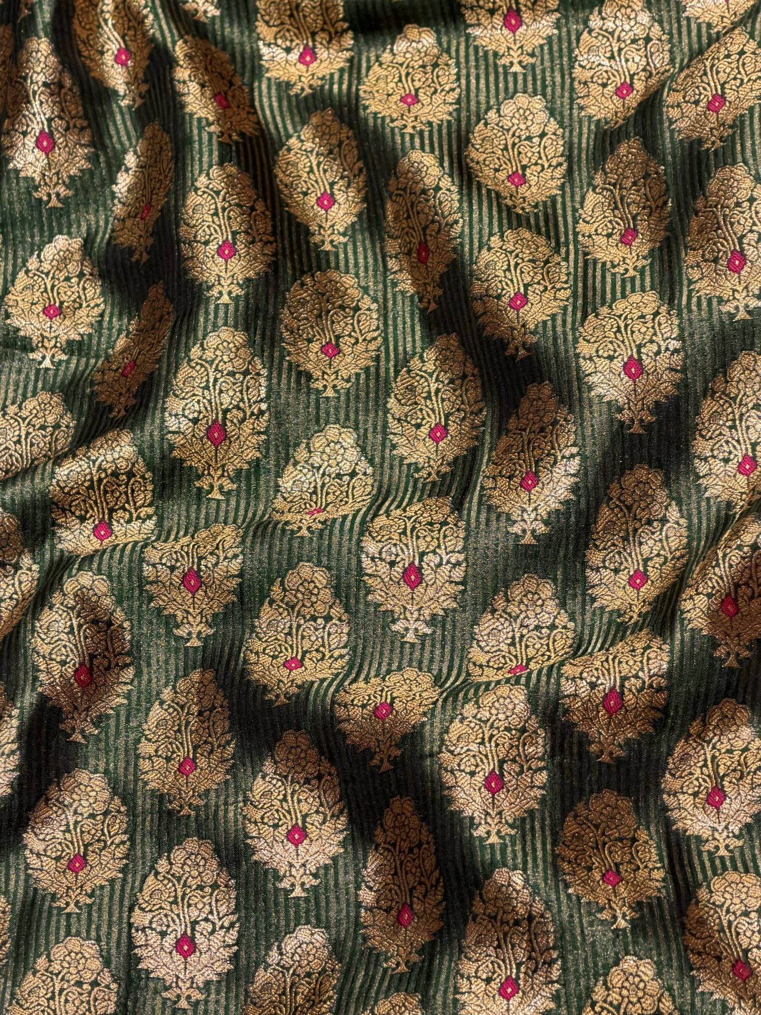 Bottle Green Soft Silk Fabric with Meenakari Floral Motifs