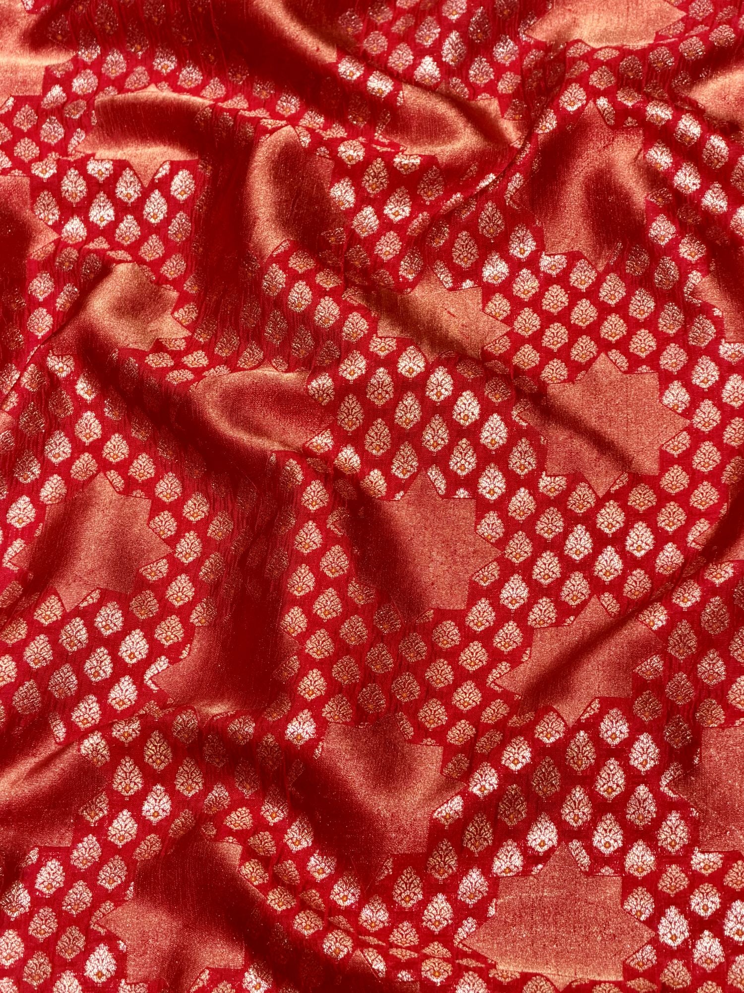 Vermilion Red Soft Silk Fabric with Geometric Bootis
