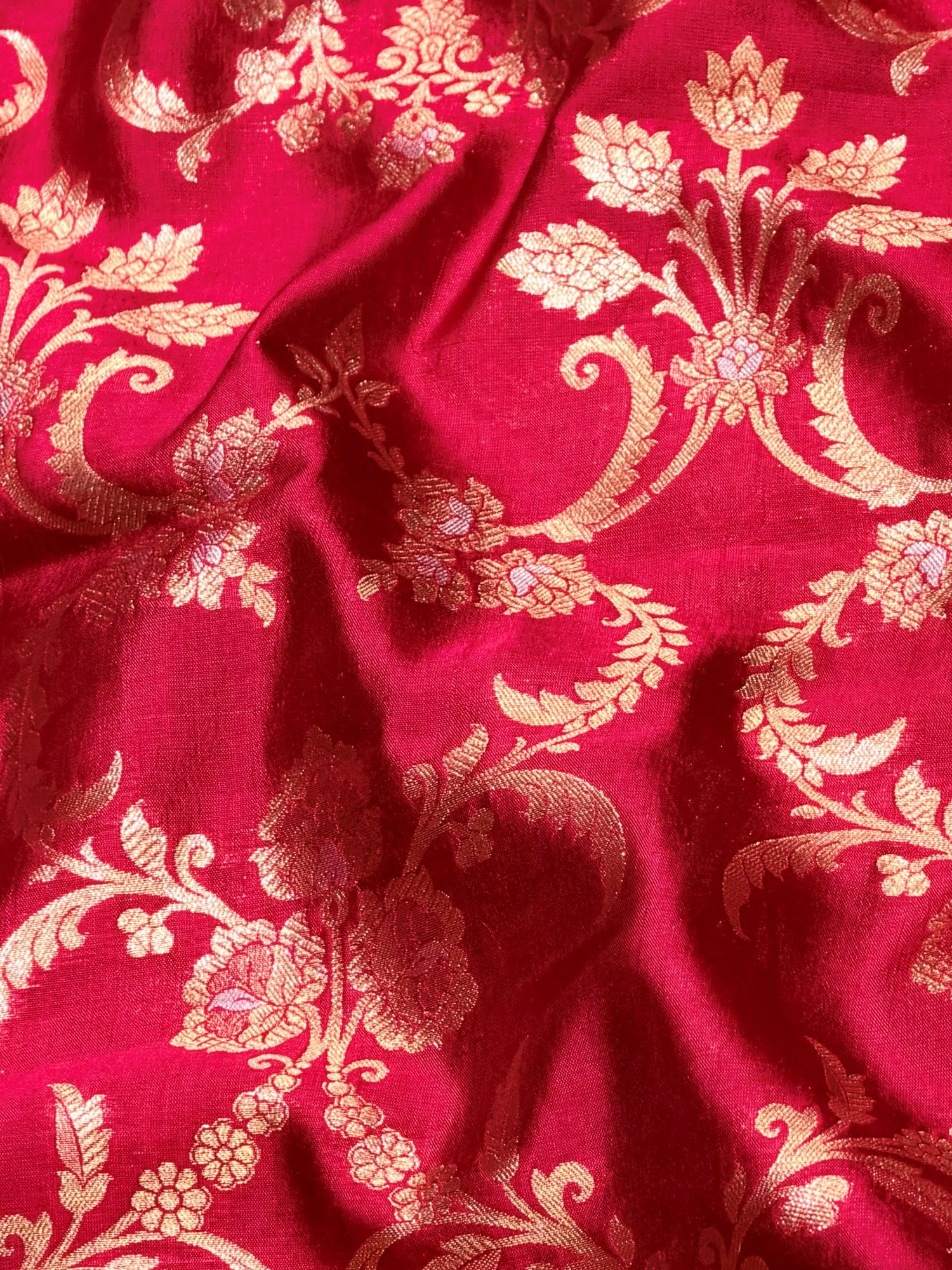 Red Soft Silk Fabric with Meenakari Zari Floral Vine Jaal
