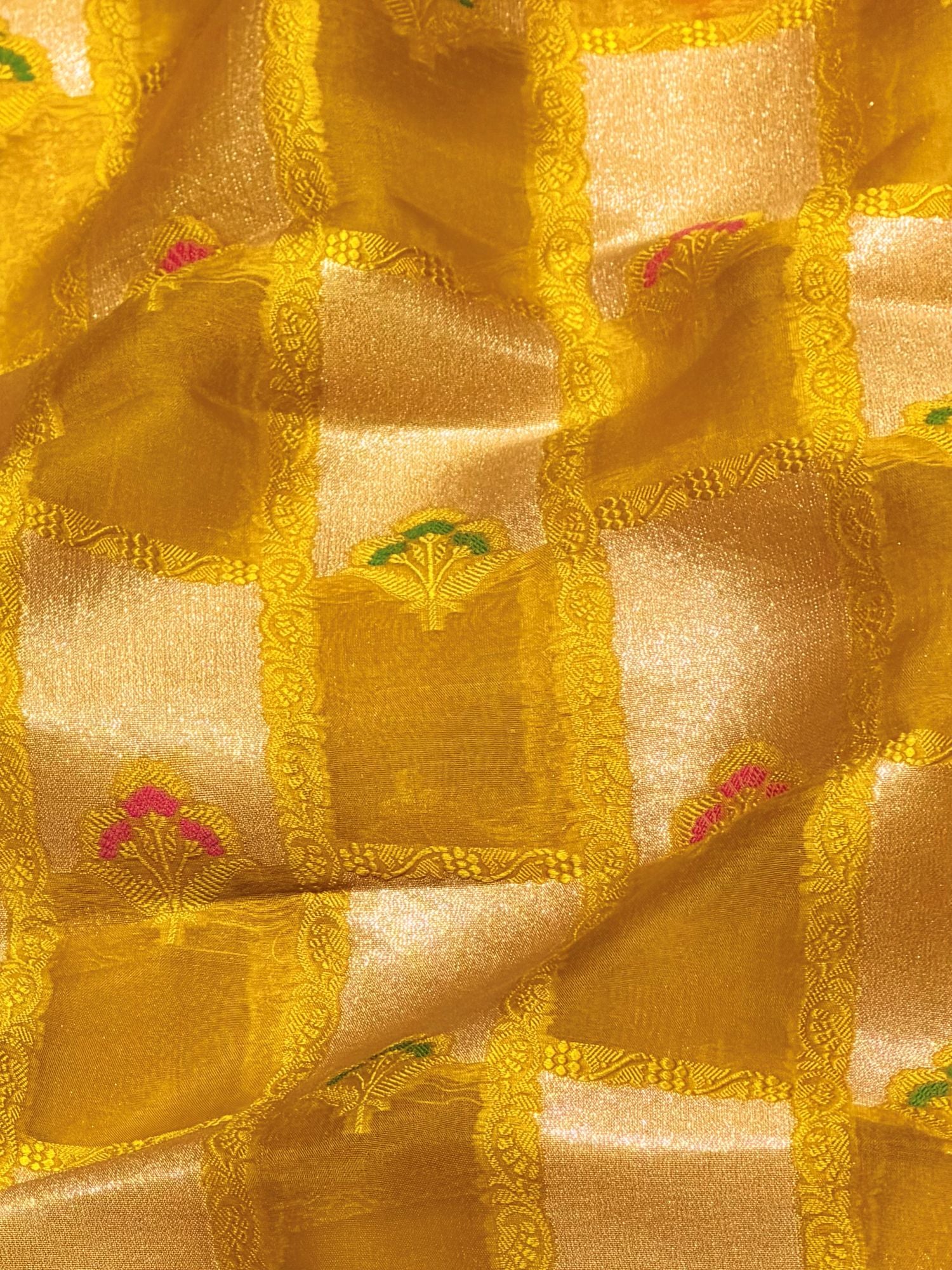 Mustard Yellow Soft Silk Fabric with Meenakari Checkered Zari Weave