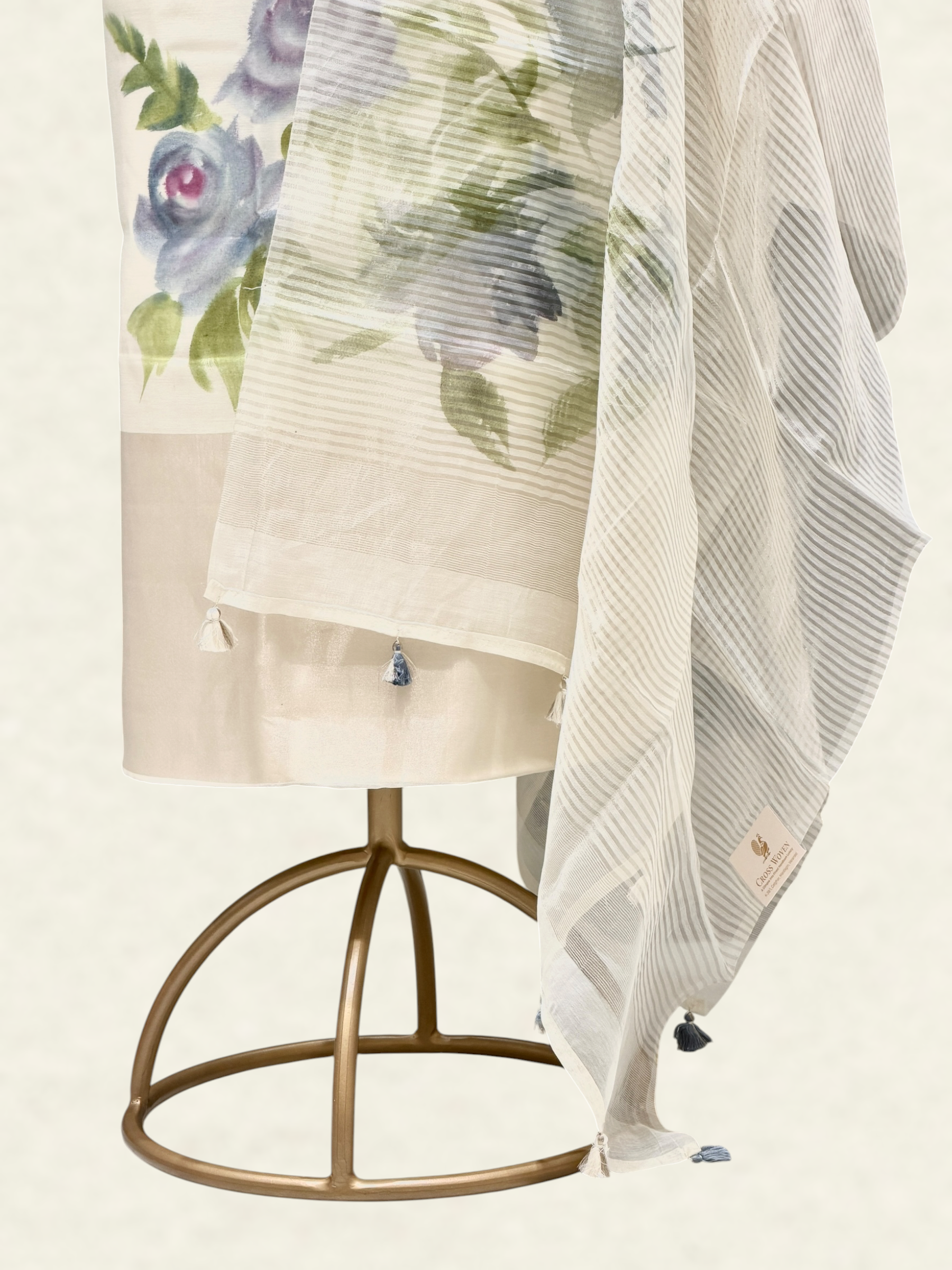 White Mul Cotton Suit Set with Handbrush Floral Print