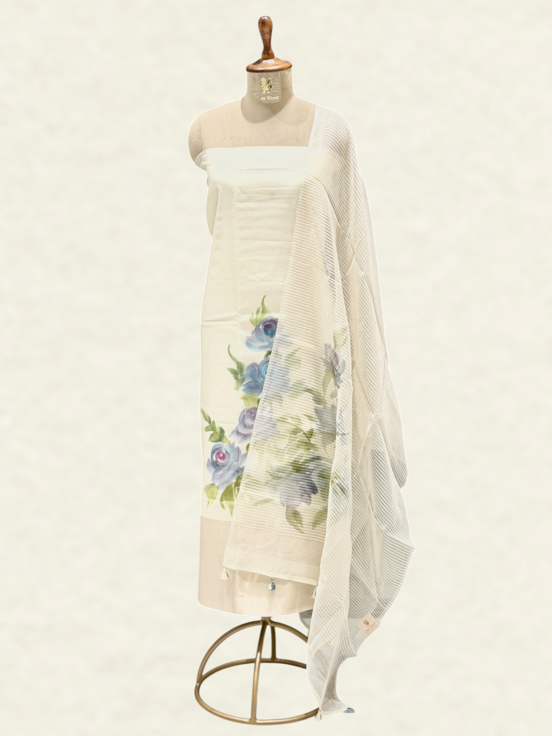 White Mul Cotton Suit Set with Handbrush Floral Print