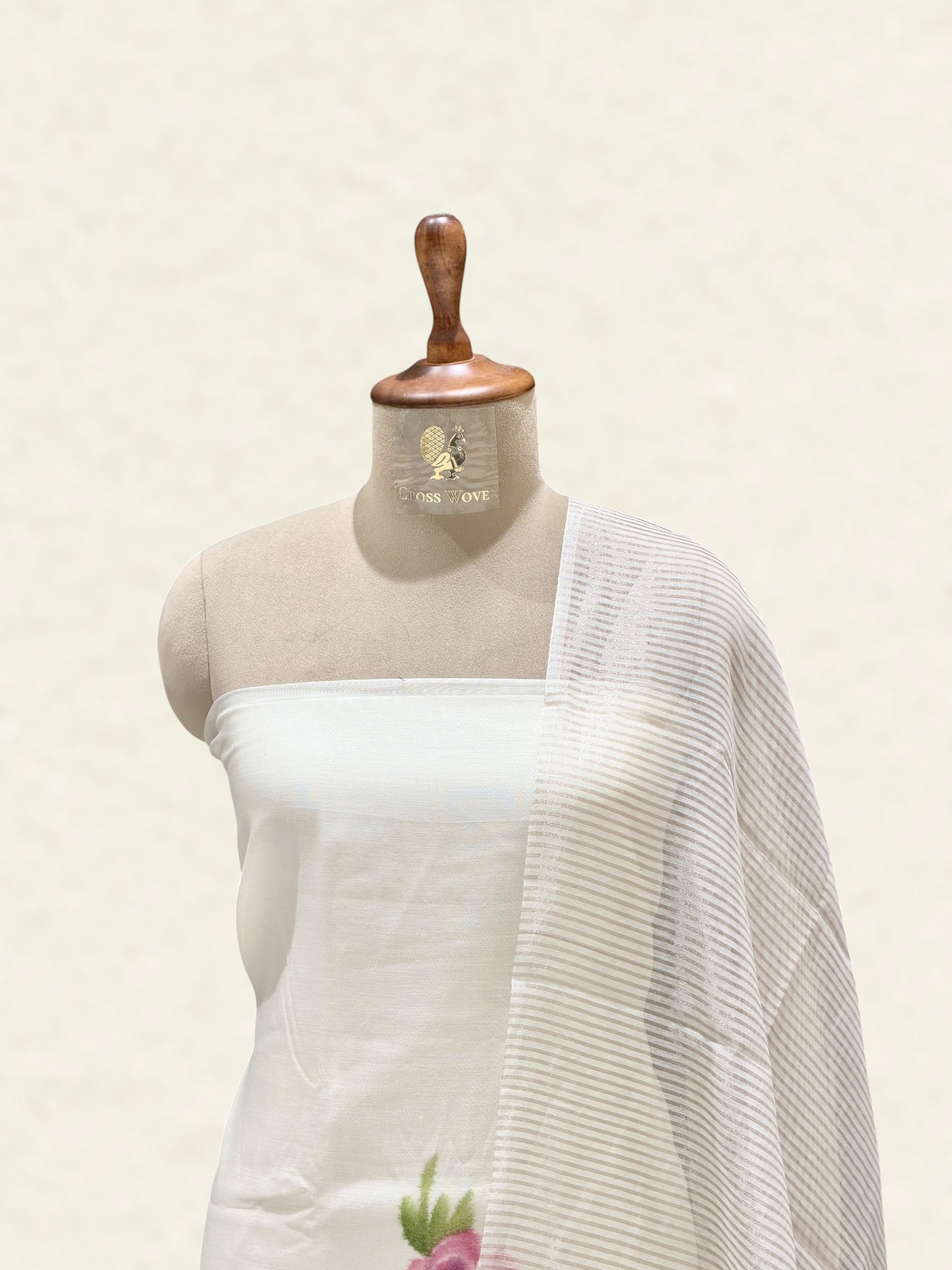 White Mul Cotton Suit Set with Handbrush Floral Print