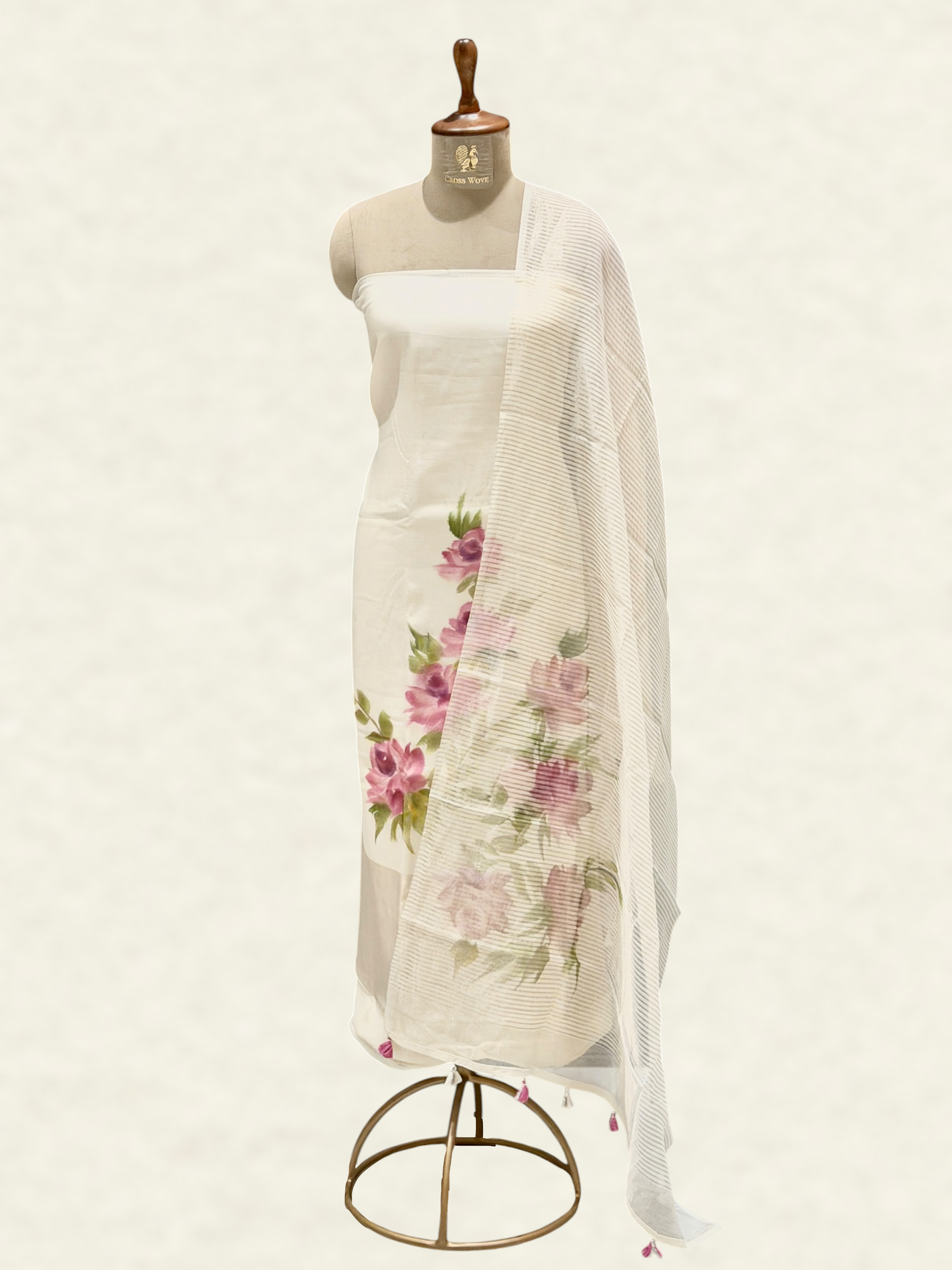 White Mul Cotton Suit Set with Handbrush Floral Print