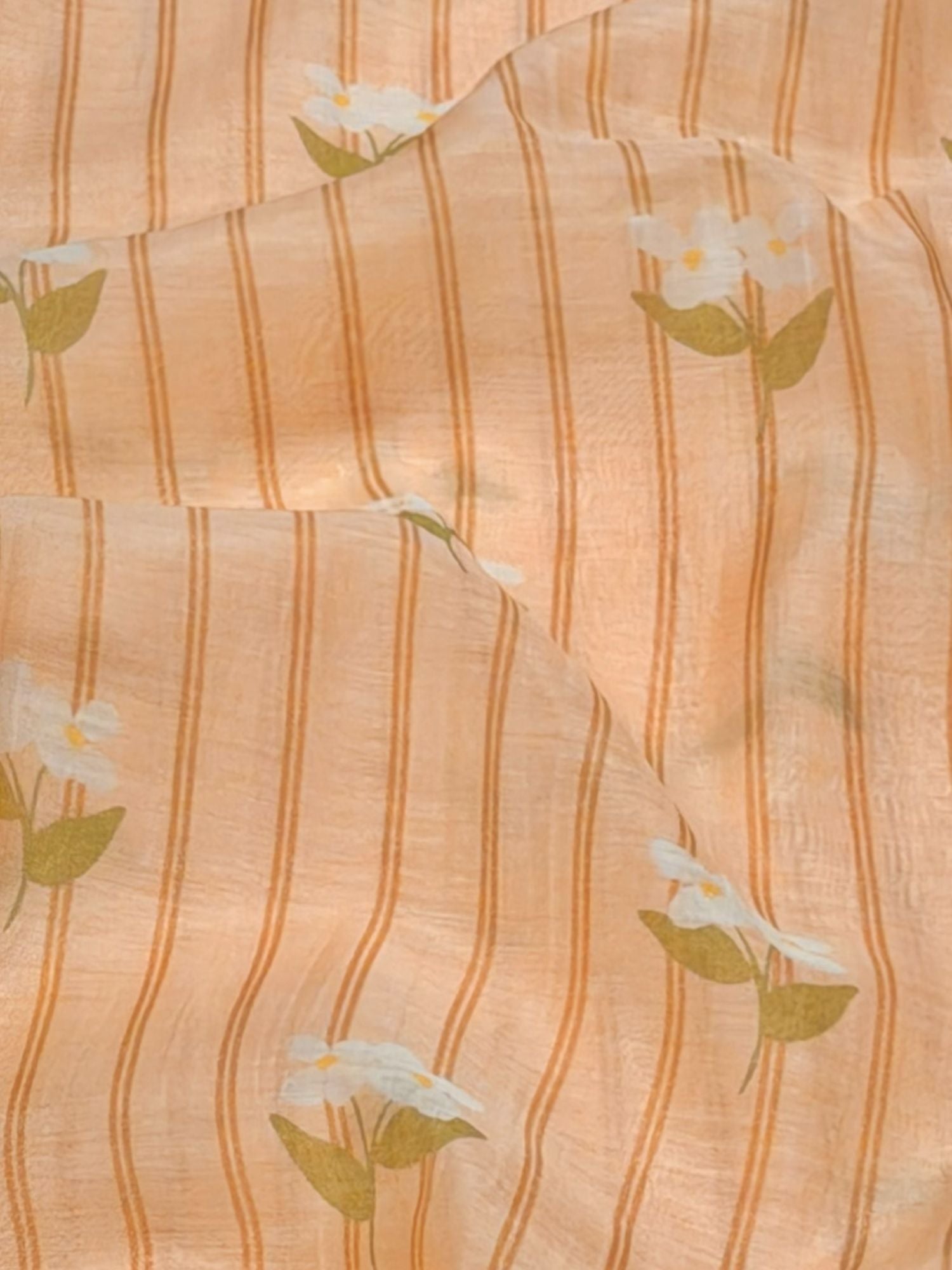 Peach Stripe Floral Mul Cotton Printed Fabric